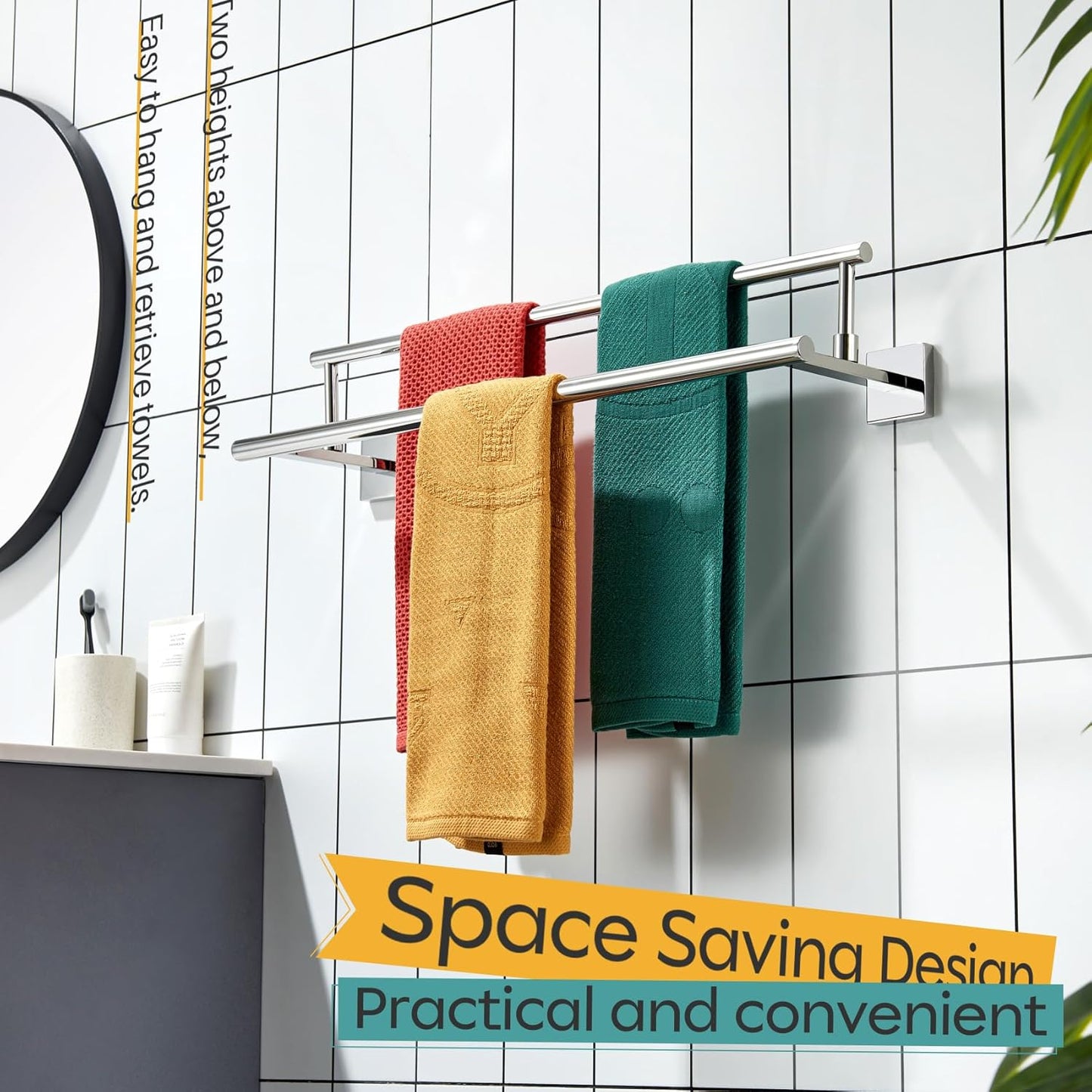 KOKOSIRI Towel Holder 24-Inch Bathroom Double Bath Towel Bars Kitchen Rack Wall Mounted Polished Chrome Stainless Steel B5009CH-L24