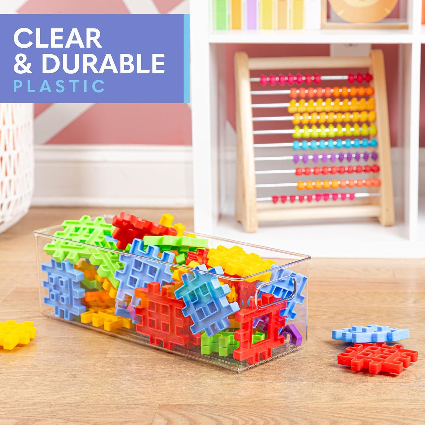 Plastic Food Storage Clear Container Bin with Handles for Organizing Kitchen, Pantry, Fridge, Freezer, Pantry, Bathroom. 14"x6"5"