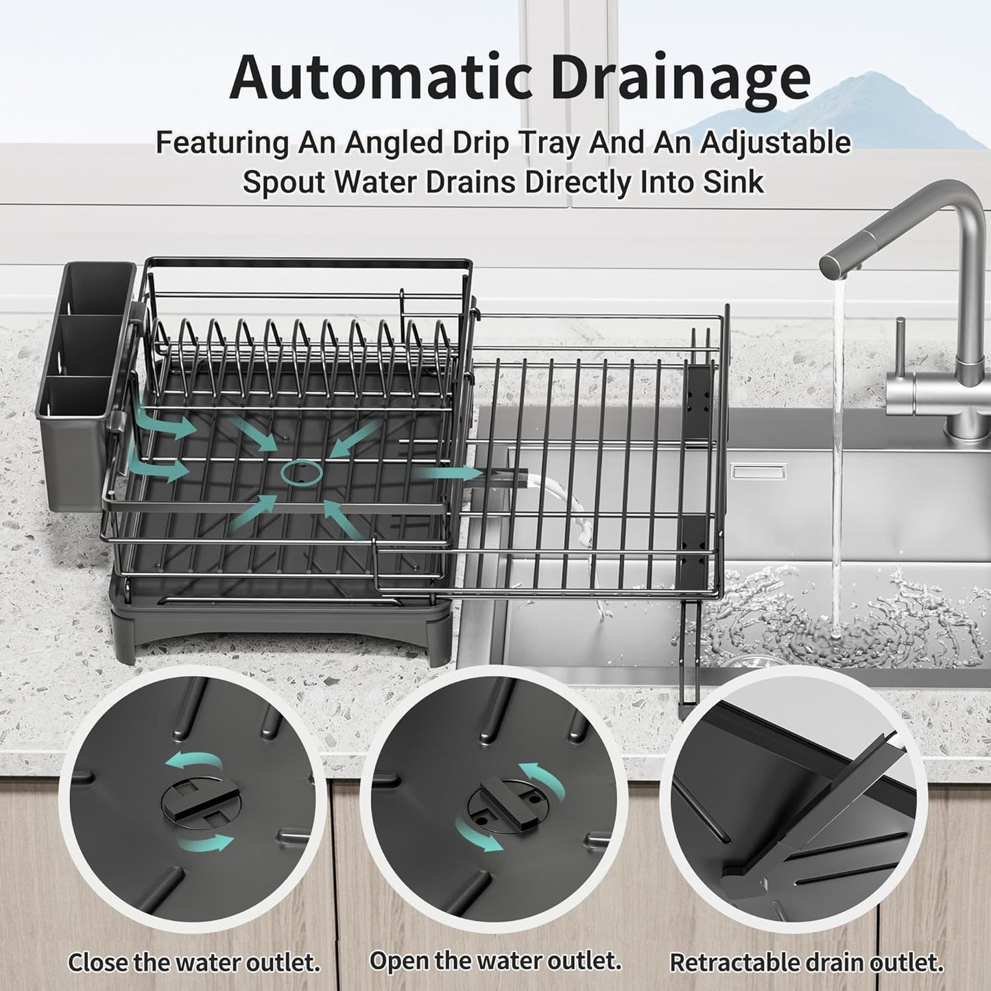 Large Dish Drying Rack - Expandable Dish drainers for Kitchen Counter,Over The Sink Dish Drainer Drying Rack,Rustproof Dish Drainer with Utensil Holder and Drainboard