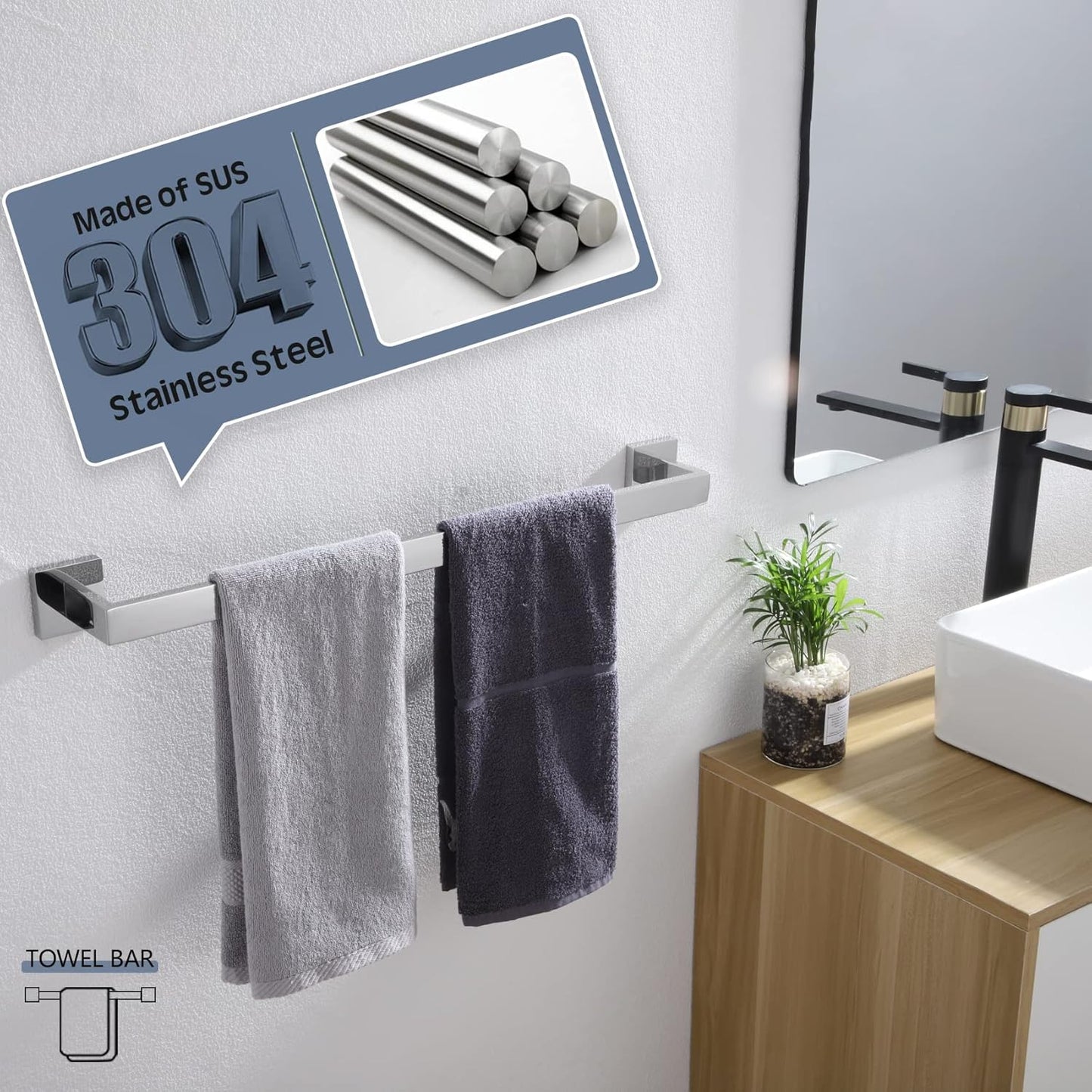 KOKOSIRI 24-Inch Towel Bar, Bathroom Kitchen Towel Holder, Wall Mounted SUS304 Stainless Steel Towel Rack 2 Pack, Polished Chrome, B4003CH-L24-P2