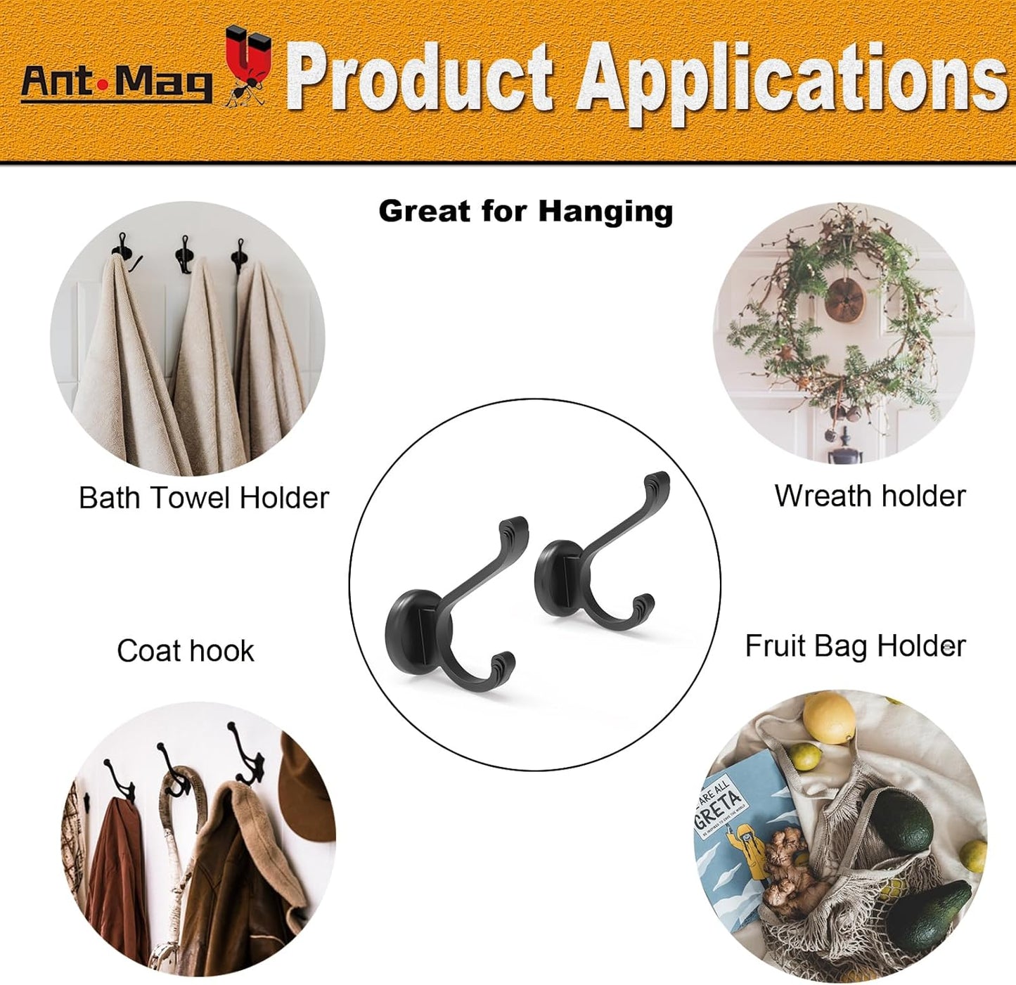 Ant Mag Magnetic Hooks Heavy Duty 140lbs Neodymium Magnet Wall Hooks for Hanging Coats Robes Backpacks Bags Hats Keys Mugs Cups Towels Pack of 4