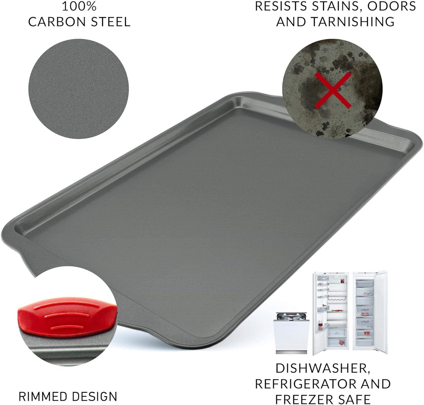 Boxiki Kitchen Non-Stick Baking & Cookie Sheet Pan Non-Toxic 11x14 Inch Rimmed Carbon Steel Baking Sheet. Dent, Warp and Rust Resistant. Heavy Gauge Steel Oven Baking Sheet. 1 Tray.
