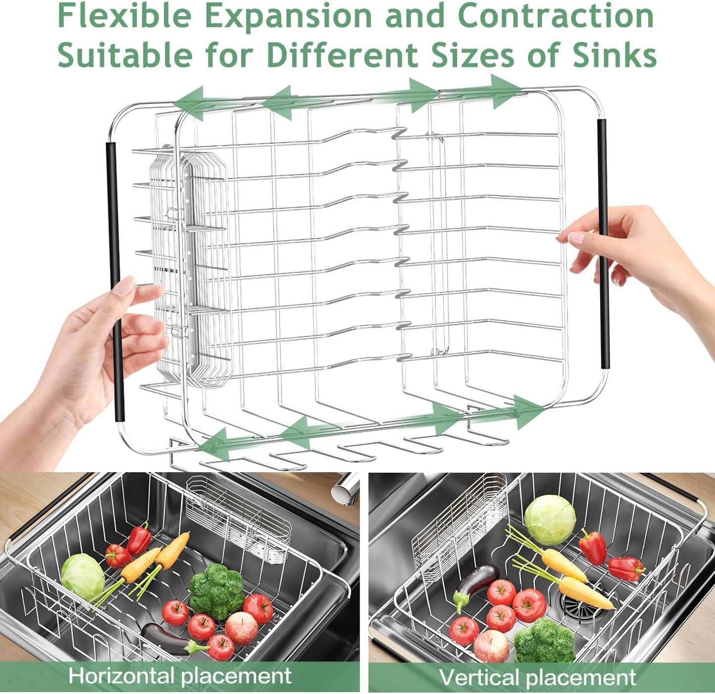 Dish Drying Rack in Sink, Extendable Stainless Steel Dish Drainers for Kitchen Counter, Anti-Rust Dish Dryer Rack with Utensil & Cup Holders, for Inside Sink, Over The Sink