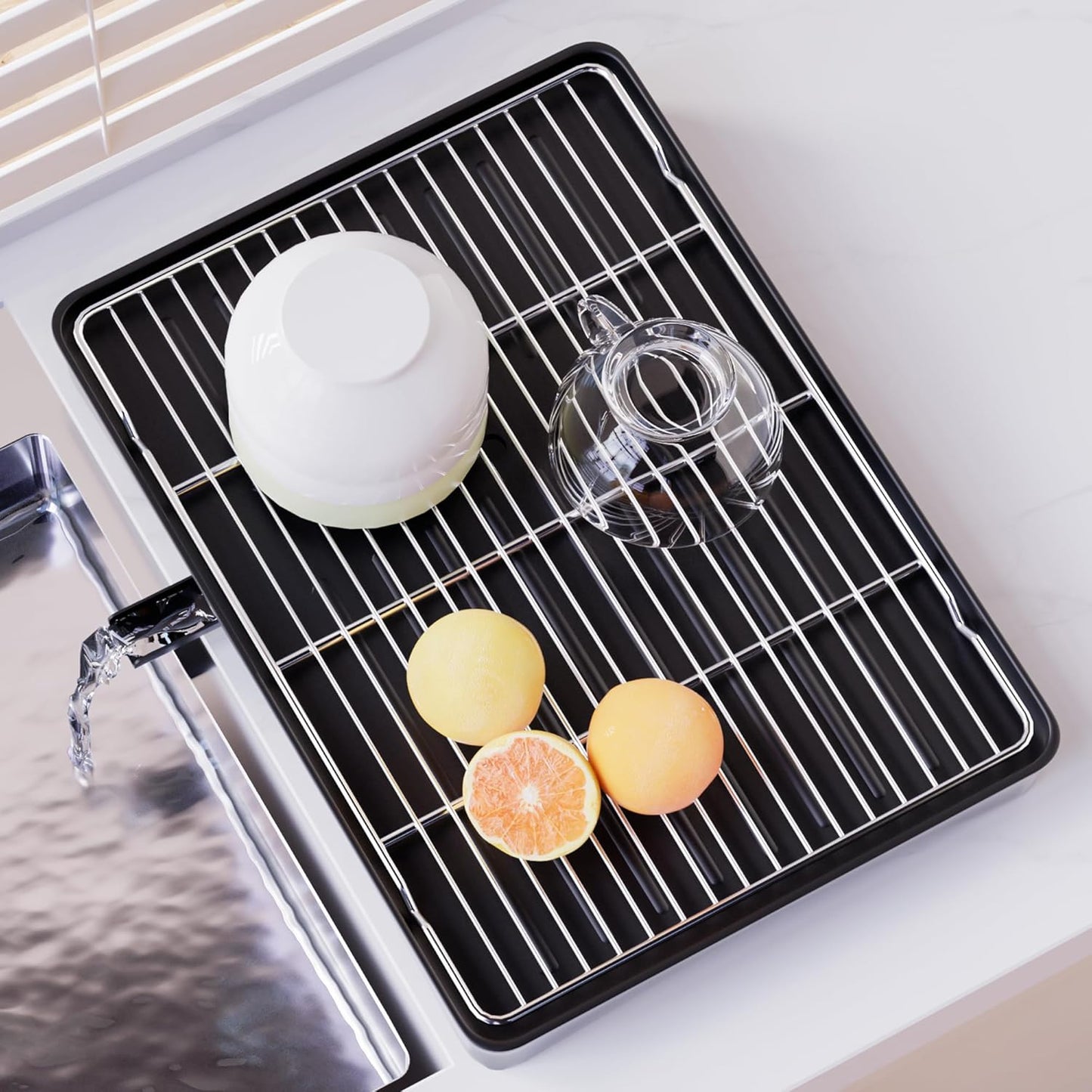 304 Stainless Steel Dish Drying Rack- Space-Saving Dish Rack, Dish Racks for Kitchen Counter, Fruit and Vegetable Drain,11.8''W x 16.5''L, Black