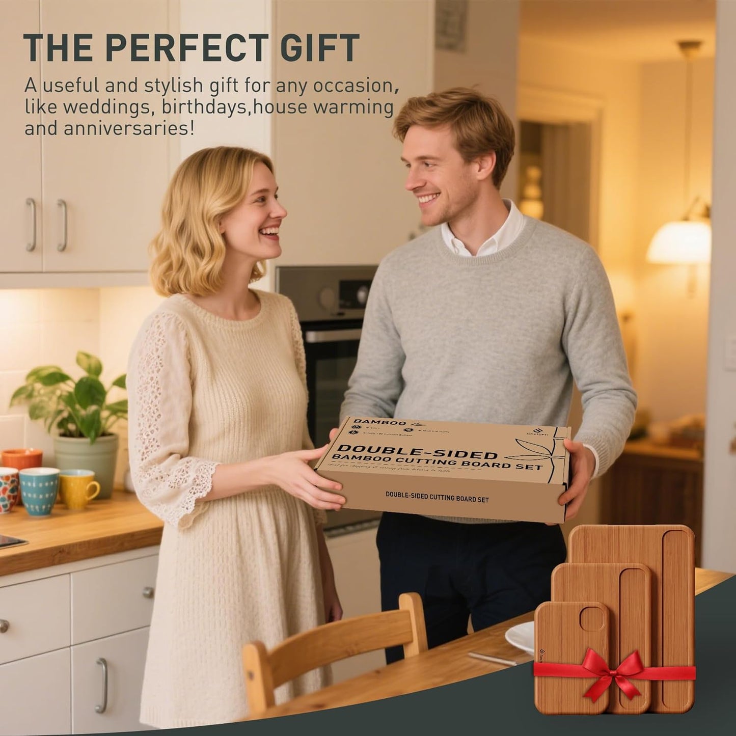 3 Packs Bamboo Cutting Board Set Non Toxic Wood Cutting Boards for Kitchen Nice Solid Thick Wood Juice Groove Chopping Board Extra Large Big Small Best Charcuterie Board for Organic Vegetable Meat