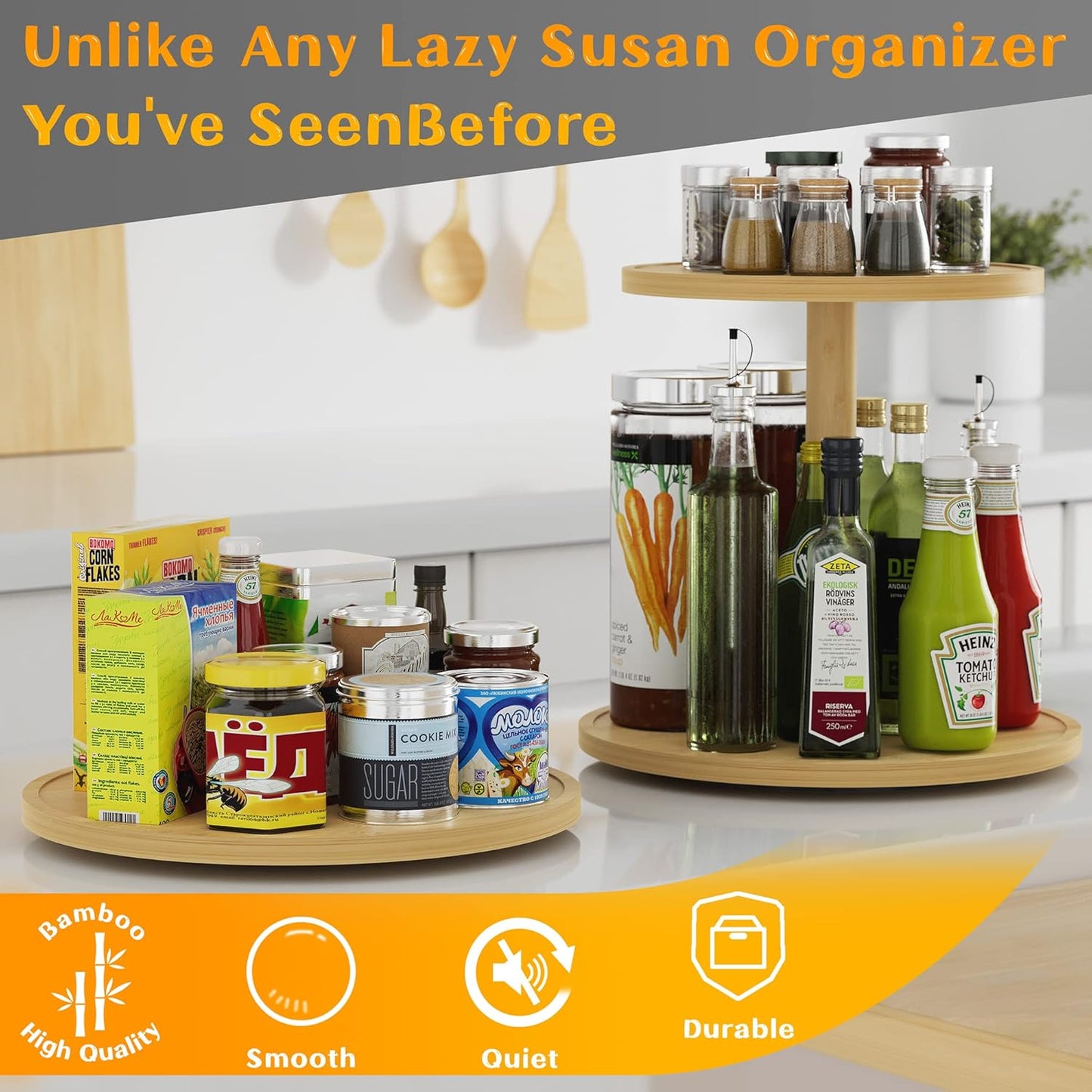 Lazy Susan Organizer Homerays 9 Inch Non-Skid Bamboo Lazy Susan for Kitchen Rotating Spice Rack for Kitchen Cabinet, Wood Turntable for Kitchen Countertop Organizer