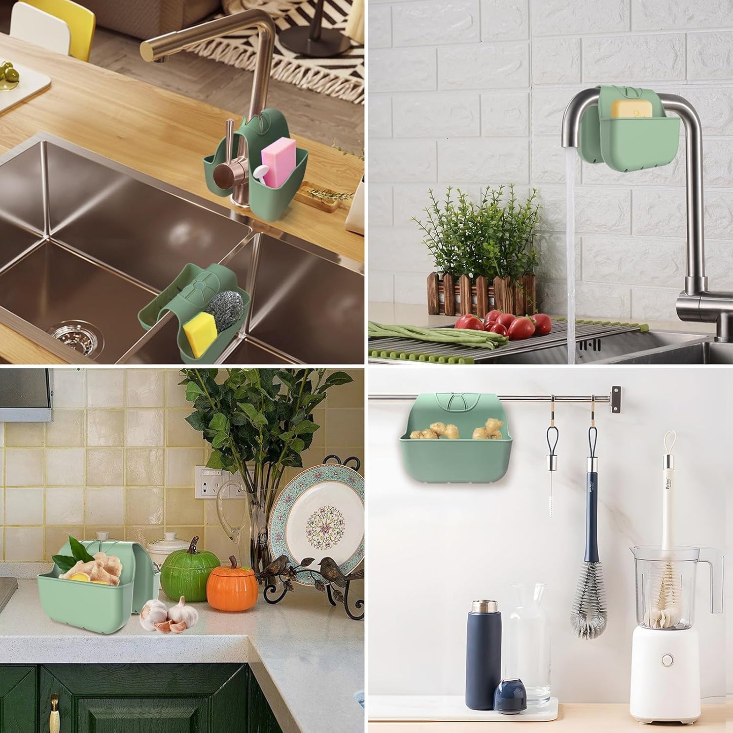 Sponge Holder for Kitchen Sink, Silicone Sink Saddle Caddy Organizer Rack, Sponges Holder Over Faucet, Hanging Kitchen Organizer Accessories Rack Basket Green