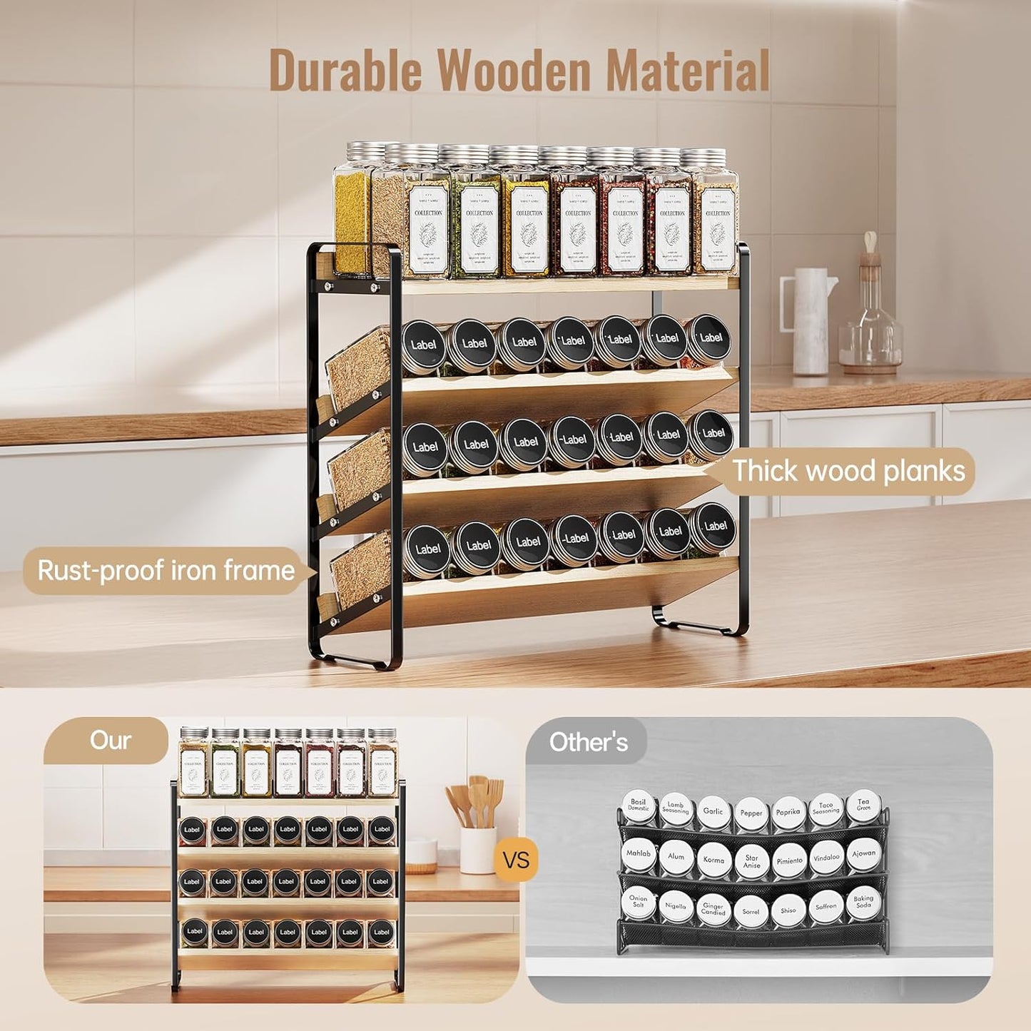 MUDEELA 4 Tier Spice Rack Organizer for Cabinet, Wooden Vertical Spice Shelf, Seasoning Organizer for Countertop, Kitchen, Pantry, Freestanding, 13.4" W × 11.2" H (No Jars Included), Black