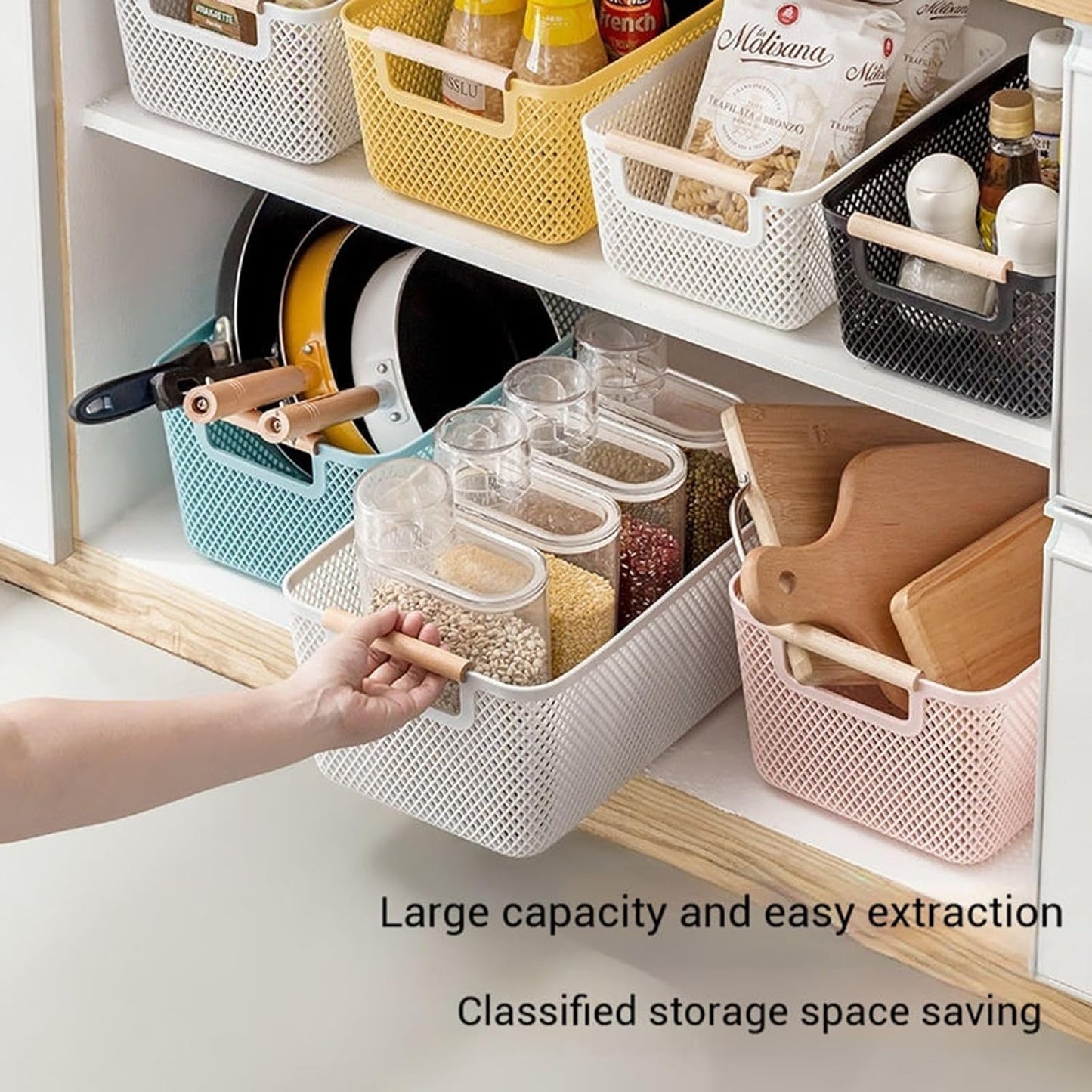 Metal Mesh Steel Basket, Large Wire Storage Organizer Basket Multi-function Hanging Kitchen Baskets with Wood Handle for Kitchen Bathroom Picnic Home, Rectangle-Pink