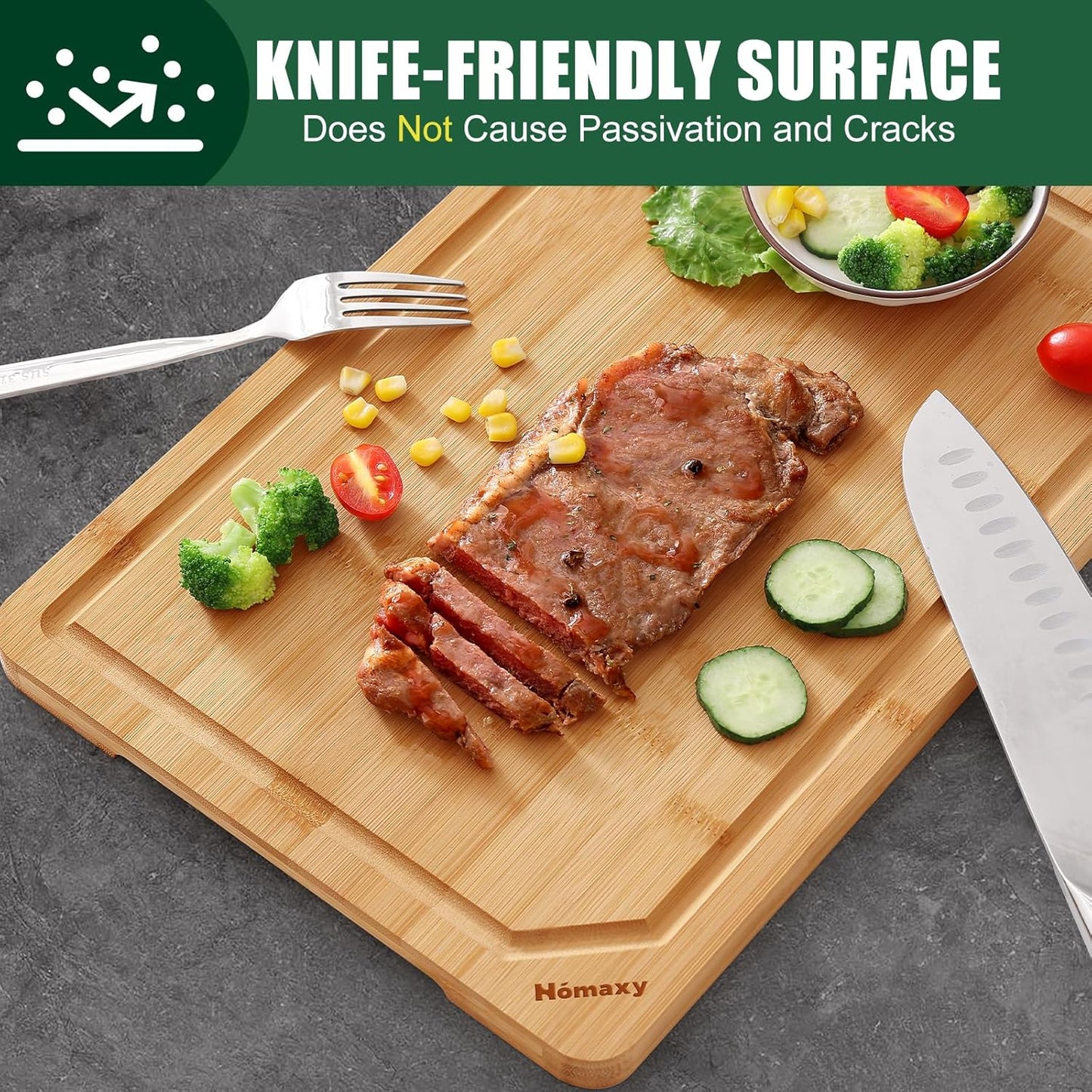 Homaxy Organic Bamboo Cutting Boards for Kitchen, 15"x10" Wooden Medium Cutting Board with Juice Groove and Handles, Charcuterie Butcher Block Wood Serving & Chopping Board - Pre Oiled