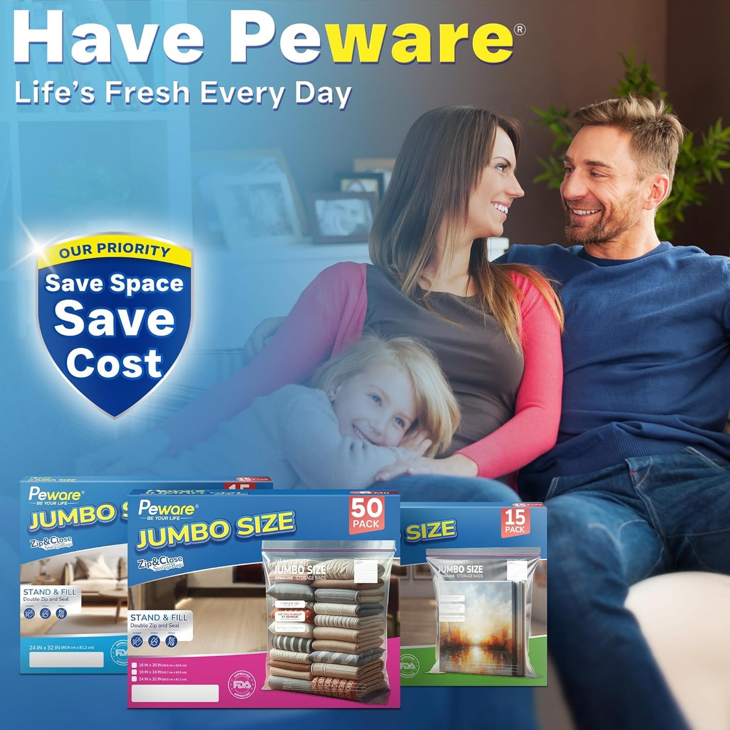 Large Storage Bags, 24"x32" Jumbo Plastic Bag, BPA Free, 20 Gallon 3XL Zipper Lock Baggies for Clothes Pillow Travel Moving - 50 Mega Bags