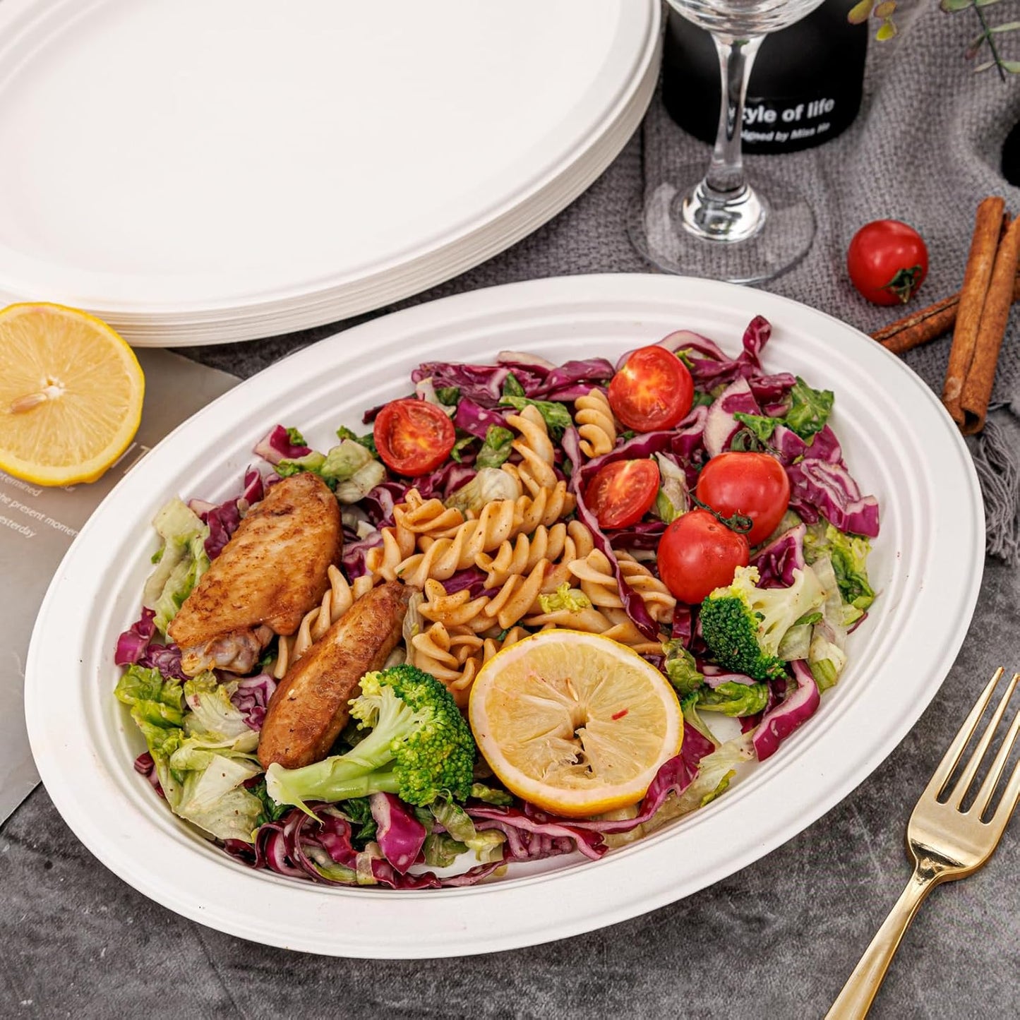 WELLIFE 100% Compostable Oval Paper Plates 12 Inch, 125-Pack Heavy Duty Paper Plates Bulk,Biodegradable Bagasse,Eco-Friendly Disposable Dinner Plate for BBQ,Picnic,Party (BPI Certified,Microwaveable)