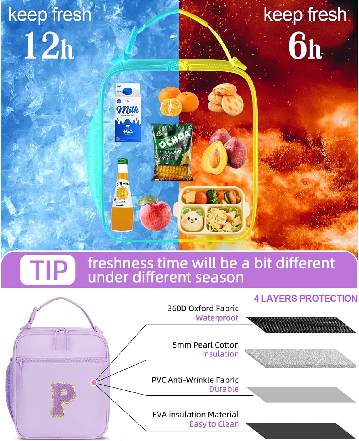Initial Insulated Lunch Bag for Girls Kids, Back to School Gift, Reusable Leak-proof Lunch Box with Adjustable Strap for School Daycare Travel Picnic (Purple,P)