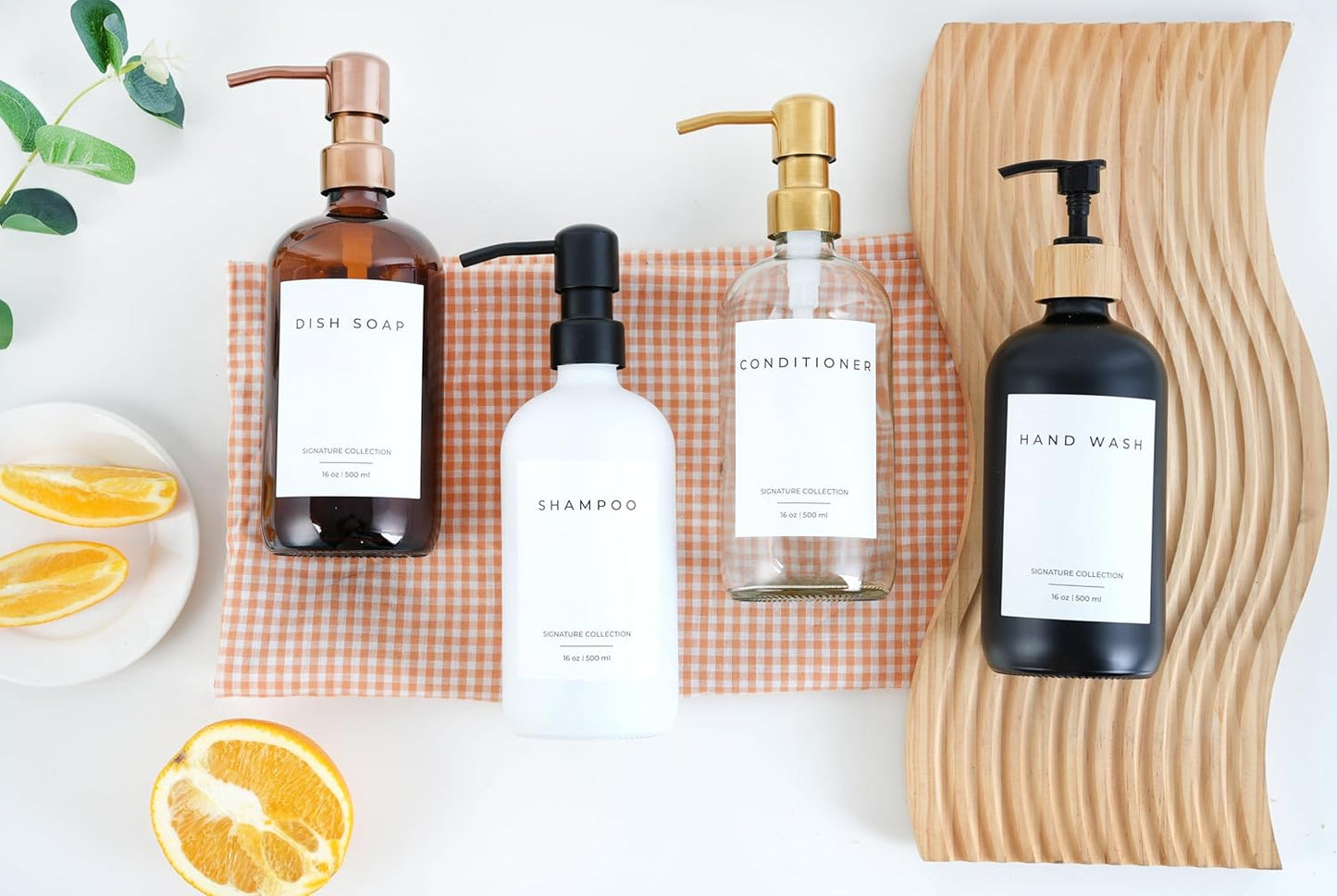 Emerson Essentials Soap Dispenser, Dish Soap for Kitchen, Bathroom Set, Hand and Dish Set, Kitchen Soap Dispenser Set, Bottles with Pump and Labels, 16 Oz, 2 Pack