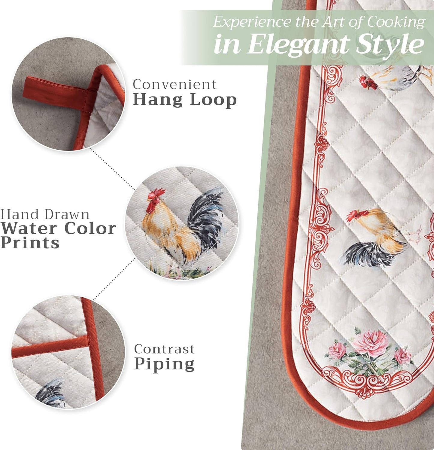 Maison d' Hermine Double Oven Mitts 100% Cotton 7"x35" Double Oven Mitt Heat Resistant BBQ Cooking Gloves with Loop, Baking, Grilling, Home, Kitchen, Handling Hot Pans Spring Summer (Campagne)