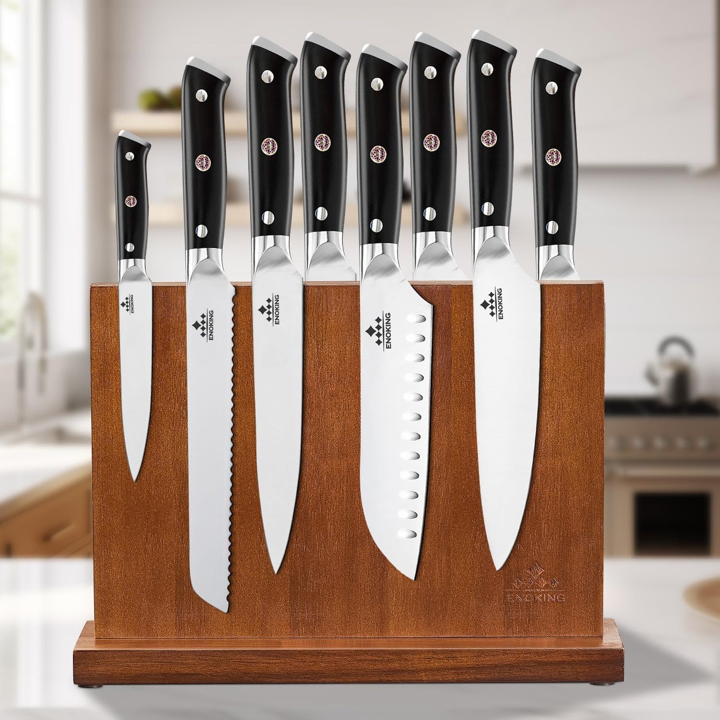 ENOKING Magnetic Knife Block 12.5 x 9 Inches, Double Side Magnetic Knife Holder Built in Three Powerful Magnets Strip, Acacia Wood Universal Knife Storage Organizer for Kitchen Counter