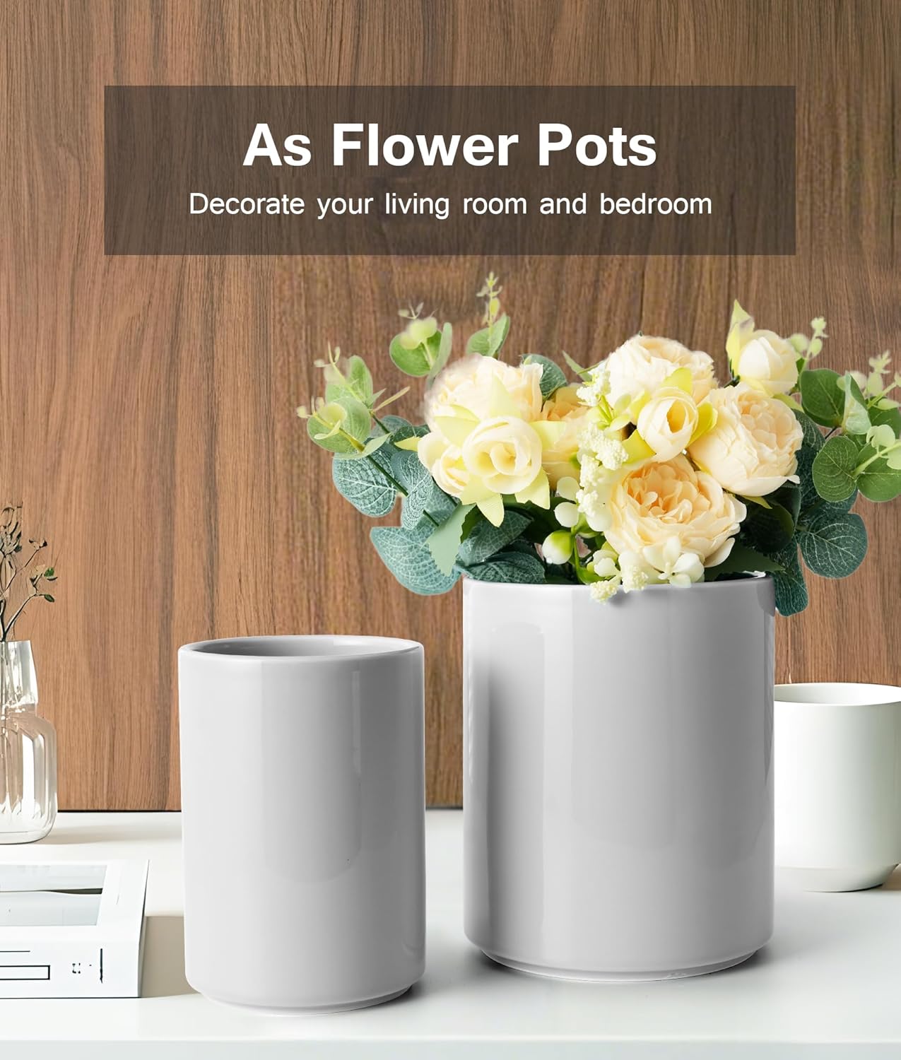 Set of 2 Utensil Holder, 7"+5" Ceramic Kitchen Utensil Holder for Countertop, Large Cooking Utensil Crocks for Counter, Morden Utensil Organizer for Spatula, Kitchen Decor (Grey)