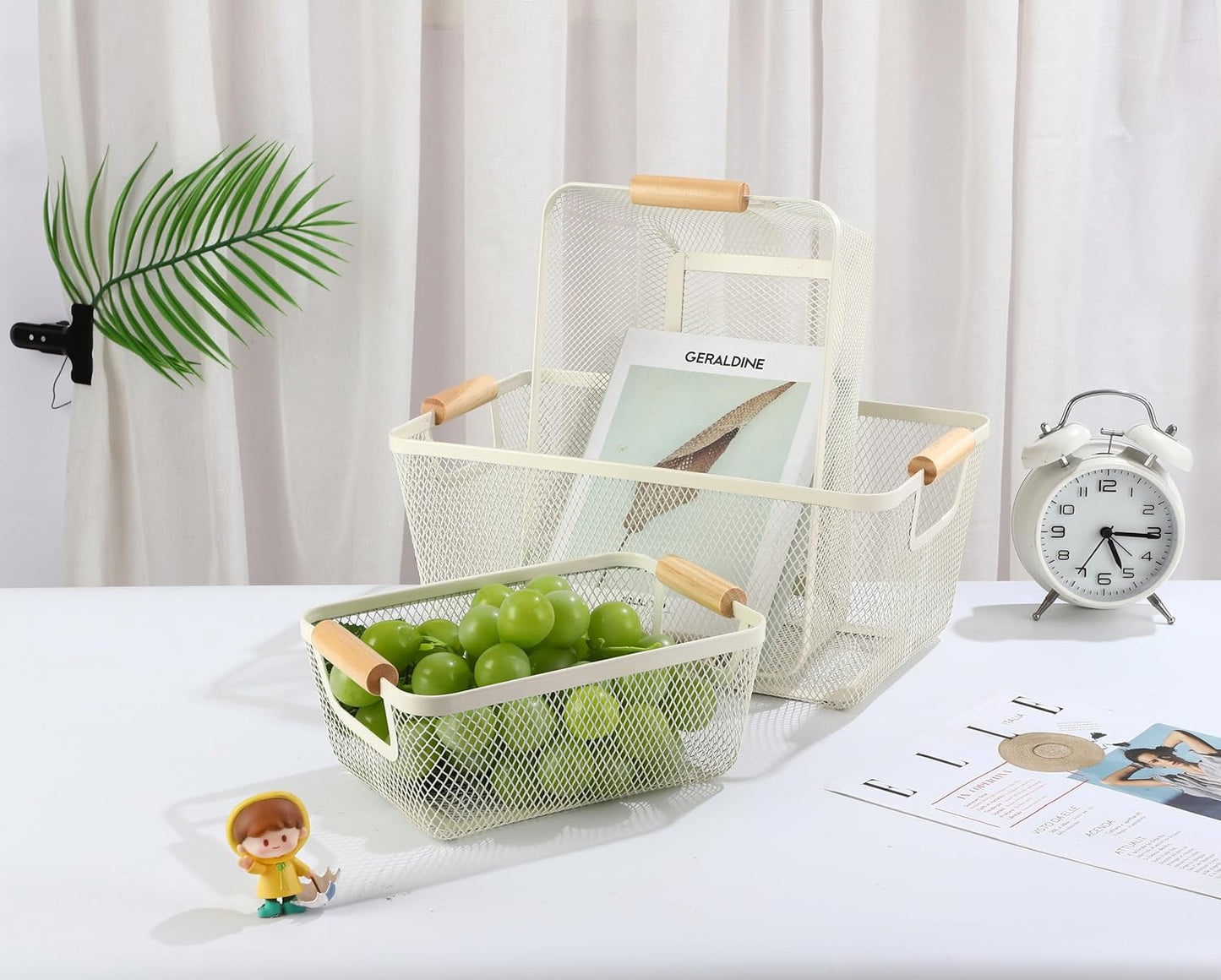 Metal Mesh Steel Basket, Small Wire Storage Organizer Basket Multi-function Hanging Kitchen Basket with Wood Handle for Kitchen Bathroom Picnic Home, Rectangle-Off White