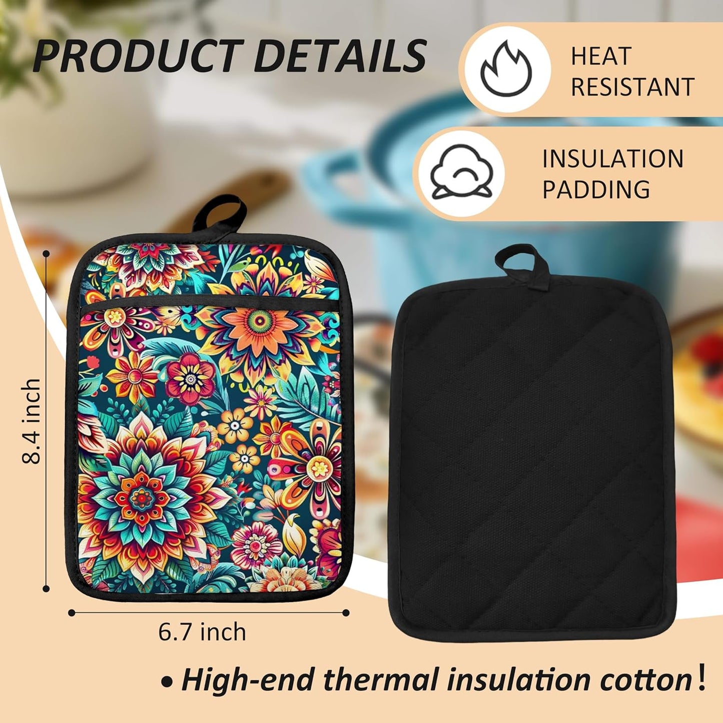 Vibrant Mandala Floral Pot Holders for Kitchen, Boho Abstract Colorful Ethnic Flower Botanical Heat Resistant Hot Pads and Oven Mitts for Baking Cooking
