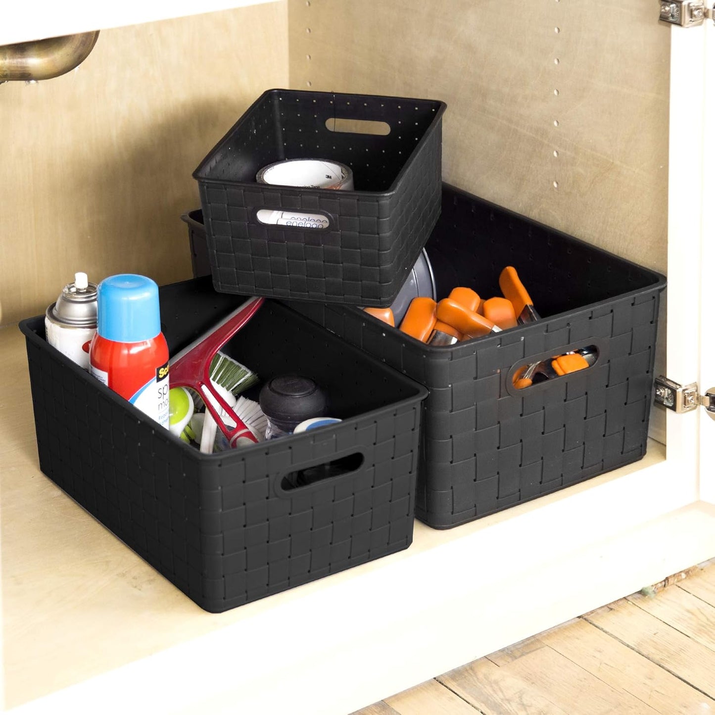 BINO Plastic Basket, Small Black, 5 Pack, The Stable Collection, Multi-Use Storage Basket, Rectangular Cabinet Organizer, Baskets for Organizing with Handles, Home & Office Storage Organizer