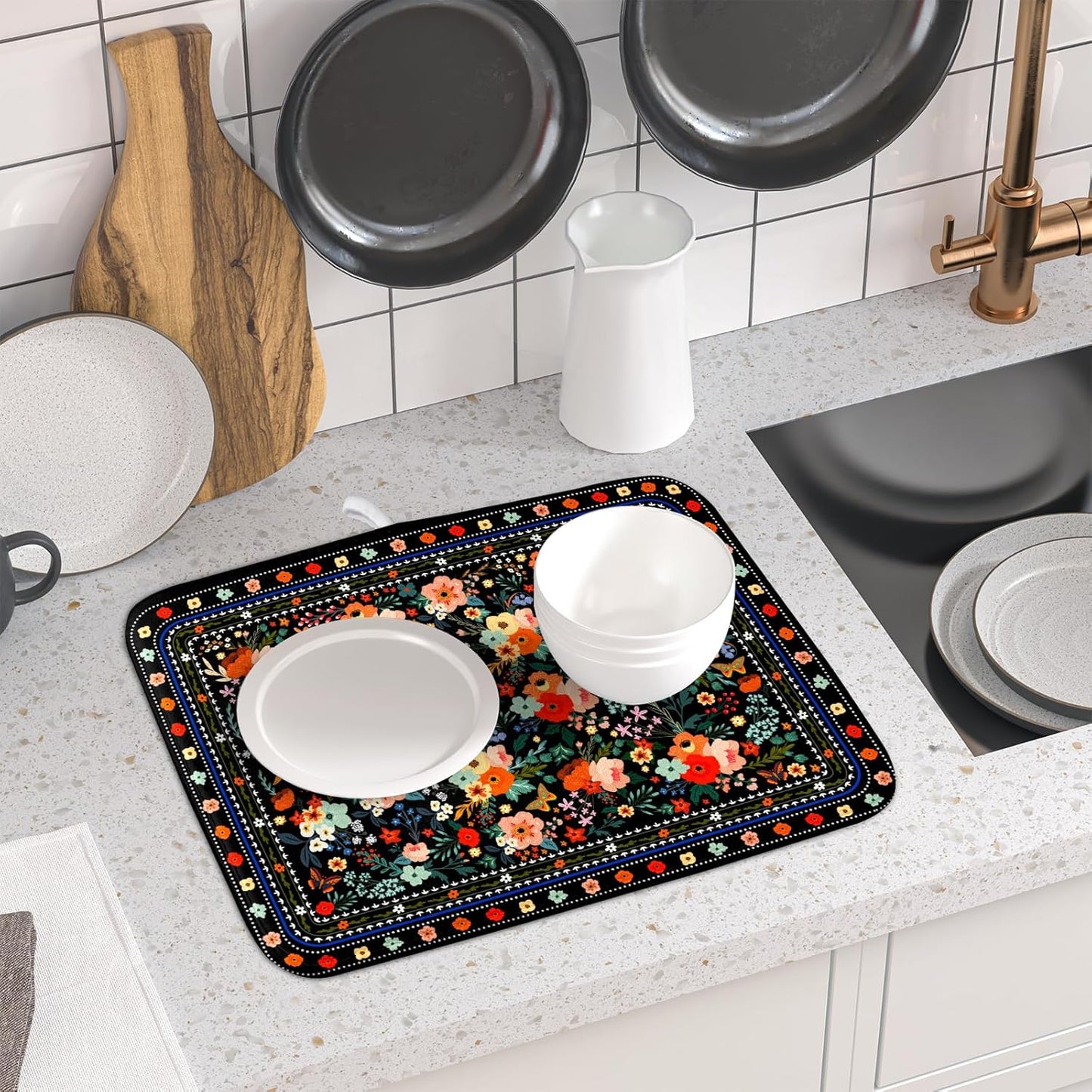Black Flowers Dish Drying Pad Boho Floral Washable Microfiber Kitchen Mat for Home Decor
