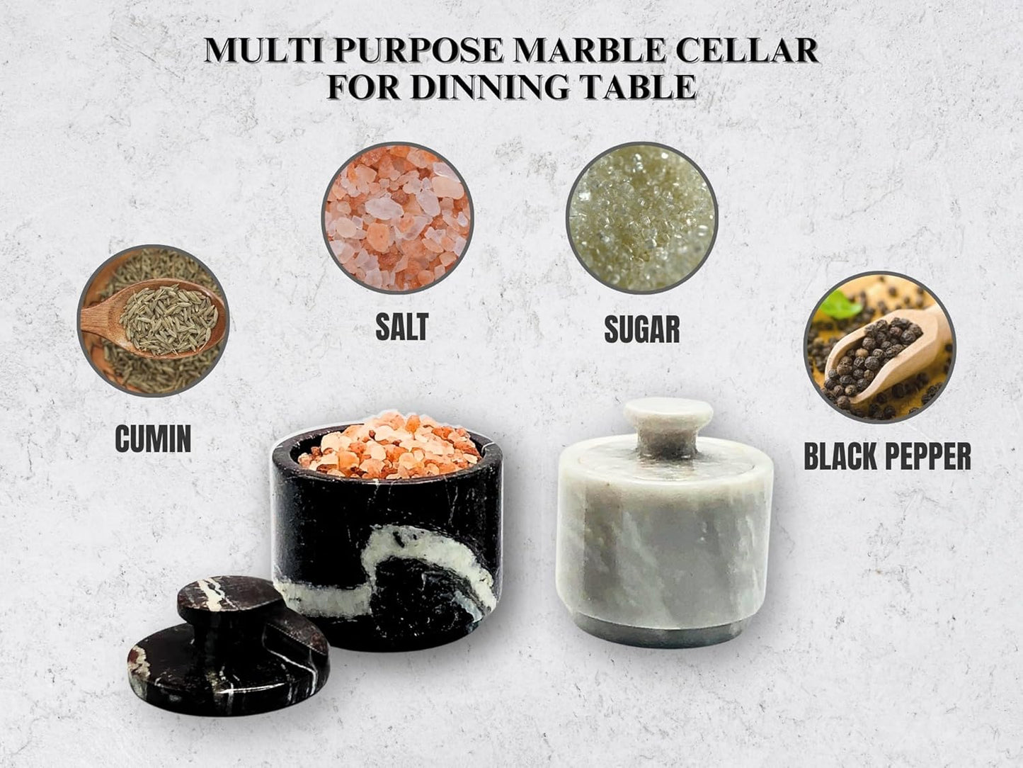 Premium Marble Salt Cellar with Lid 2 Pack | 3.5 oz Kitchen Storage Container | Elegant Cooking Salt Box | Spice Jar Keeper for Counter (White Black Zebra)