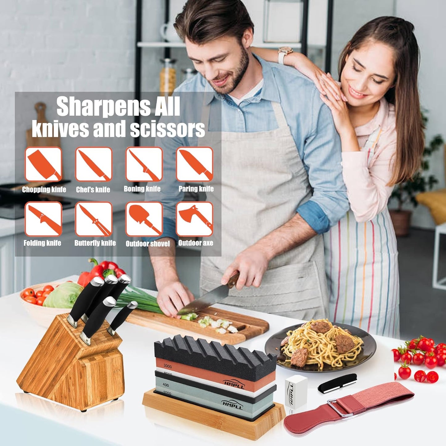 Knife Sharpening Stone Set, Professional Whetstone 4 Side Grit 400/1000 3000/8000, Whetstone Knife Sharpener Stone Set Include Non-slip Base, Leather Strop, Flattening Stone & Angle Guide