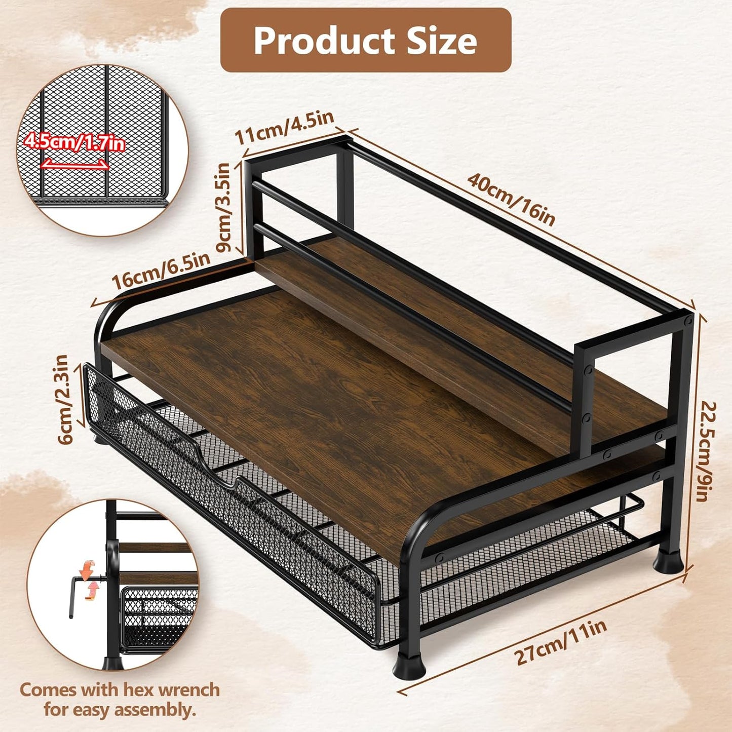 Coffee Syrup Rack Organizer, 3-Tier 8 Bottles Syrup Rack with 35 K Cup Storage Basket for Coffee Bar, Countertop Bottle Holder Stand for Wine, Dressing for Kitchen Cafe Station