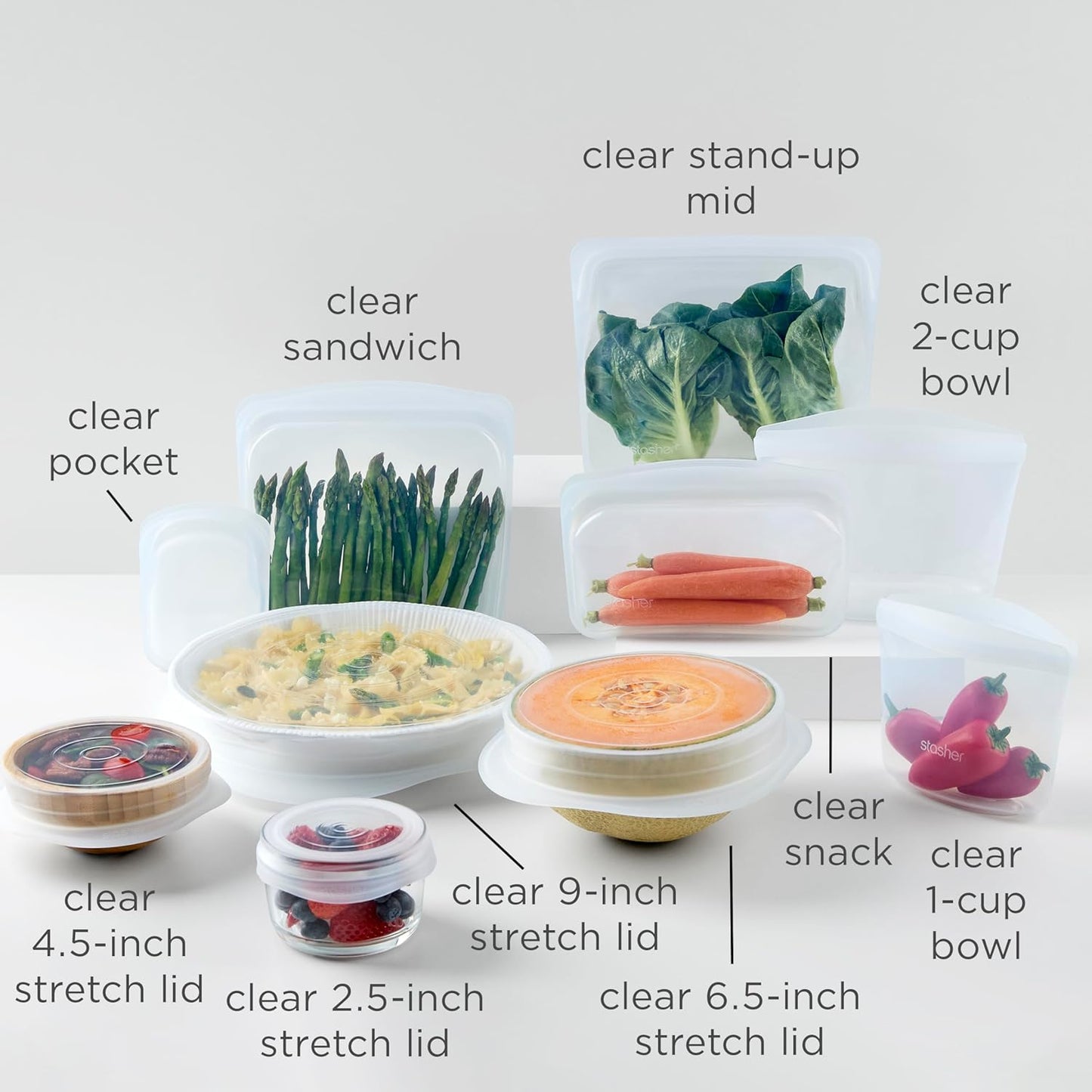 Stasher Premium Silicone Reusable Food Storage Bags and Stretch Lids 10-Pack, Clear, Airtight Seal, Food Containers & Covers, Boxed Starter Kit, BPA Free, Leak-free, Dishwasher Safe, Eco-Friendly