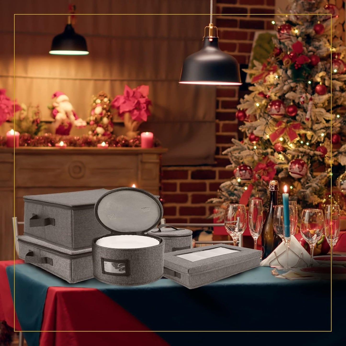 HOMELUX THEORY Platter Storage with Lid, Hard Shell China Storage Containers, Heavy Duty Dinnerware Storage Box with 5 Felt Pads and Thick Surface for Dishes and Dinner Plate, Move Out Essentials