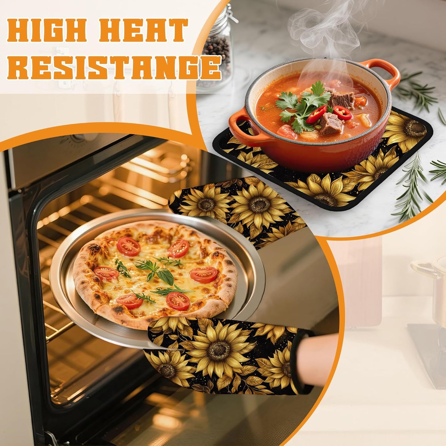 Vintage Sunflower Oven Mitts and Pot Holders,Sparkling Heat Resistant Oven Mitts Gloves and Pot Holder for Home Kitchen Decorations Cooking Baking BBQ Gifts,Set of 4