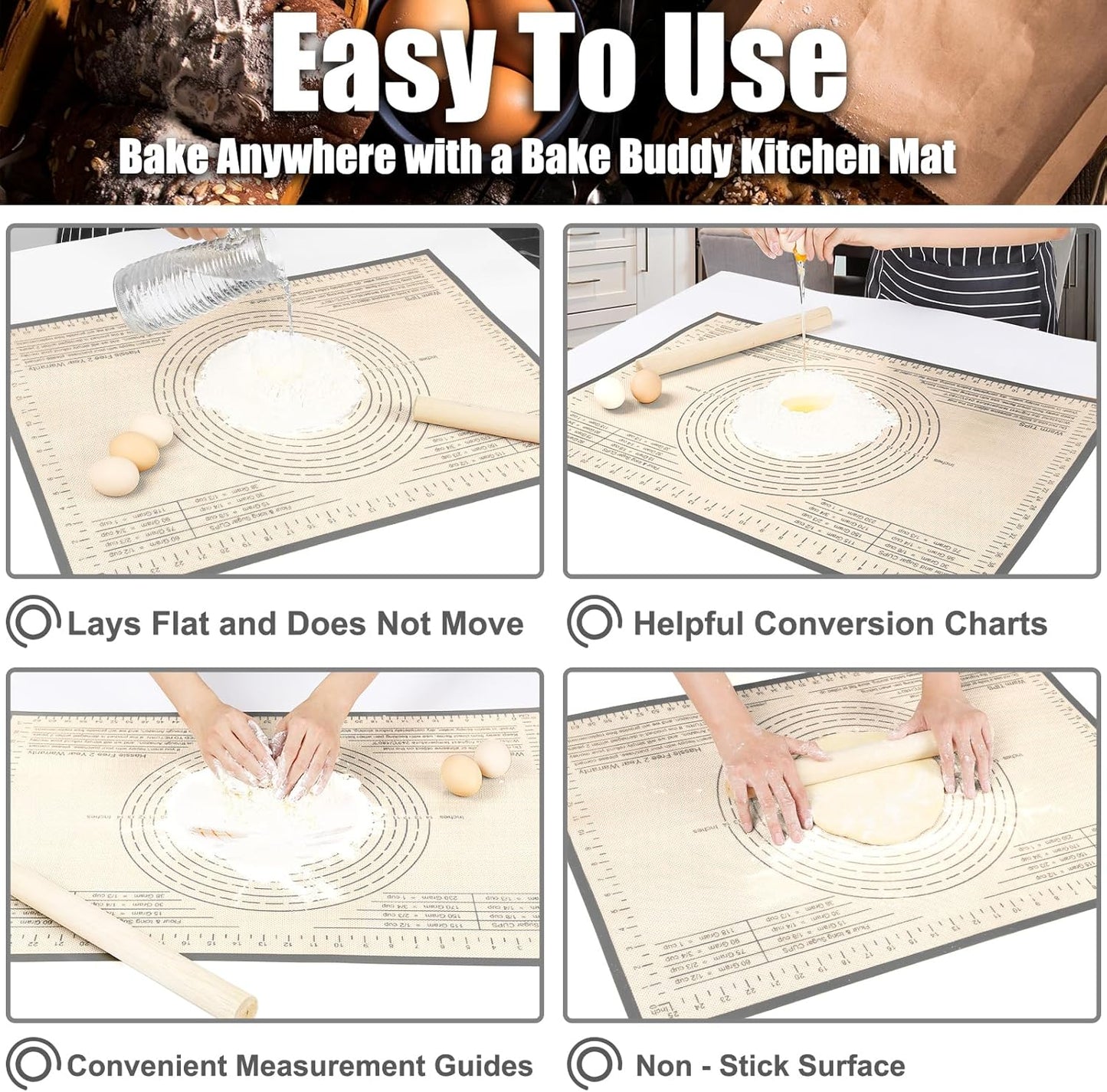 Silicone Pastry Mat 26x34 Inch Baking Mat with Measurement, Perfect for Dough, Pastry, Pie Crust, Fondant, Cookies, Bread, Pasta, Pizza, Food Grade Kitchen Counter Mats