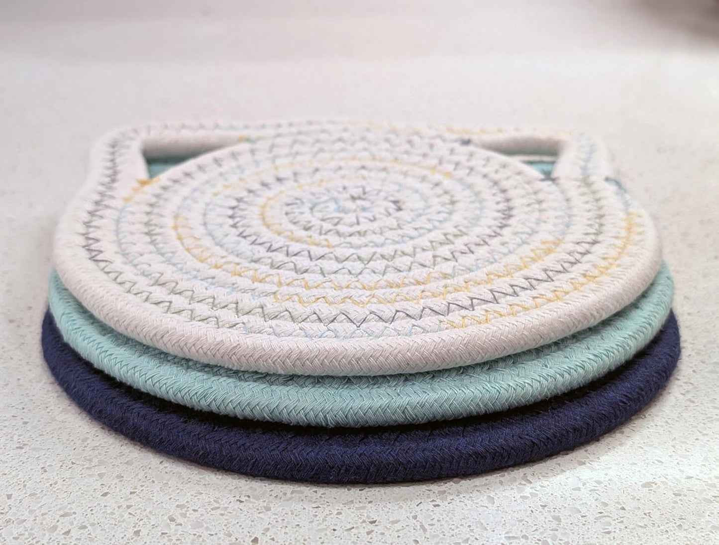 7” Cat Trivet 3 Piece Set - Sturdy Thick Cotton Hot Pad Placemat - for Kitchen and Dining - Cute Kawaii Kitten Design - Kitchen Accessory Gift (Blue & White)