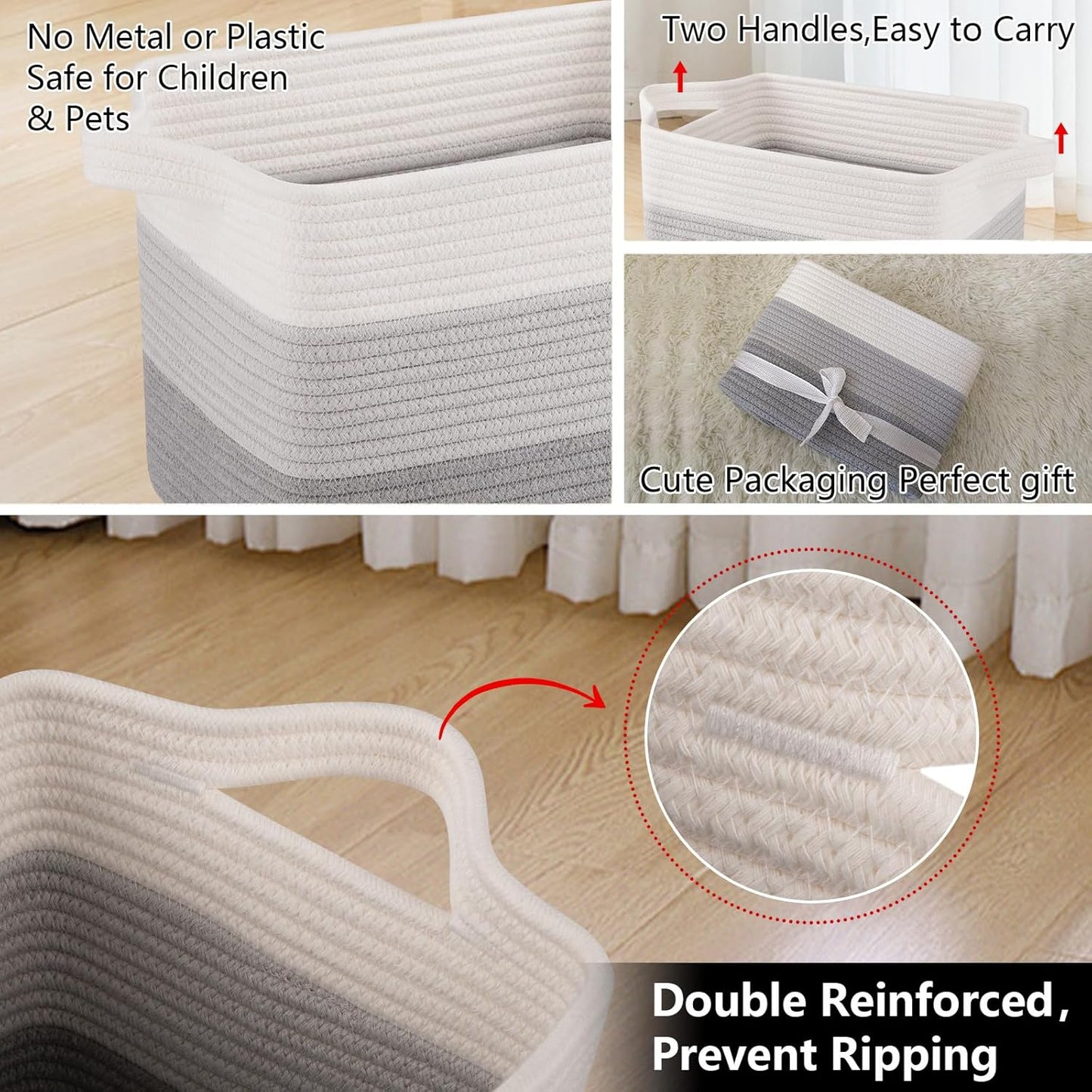 OIAHOMY Storage Basket, Woven Baskets for Storage, Cotton Rope Basket for toys,Towel Baskets for Bathroom - Pack of 3, Gradient Gray