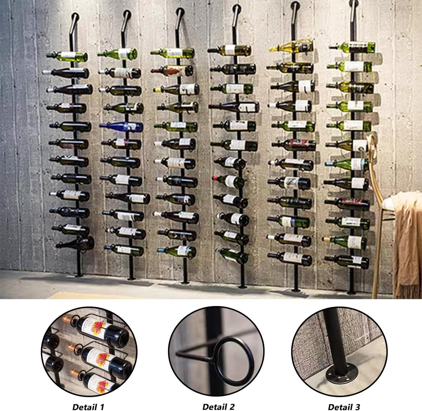 Wine Rack Wall Mounted, 72.8in High Metal Wine Bottle Holder for 12 Bottles, Kitchen Organization and Wine Storage for Commercial Restaurants Pantry Bar Wine Cellar (Black, Five rows-60 Bottles)