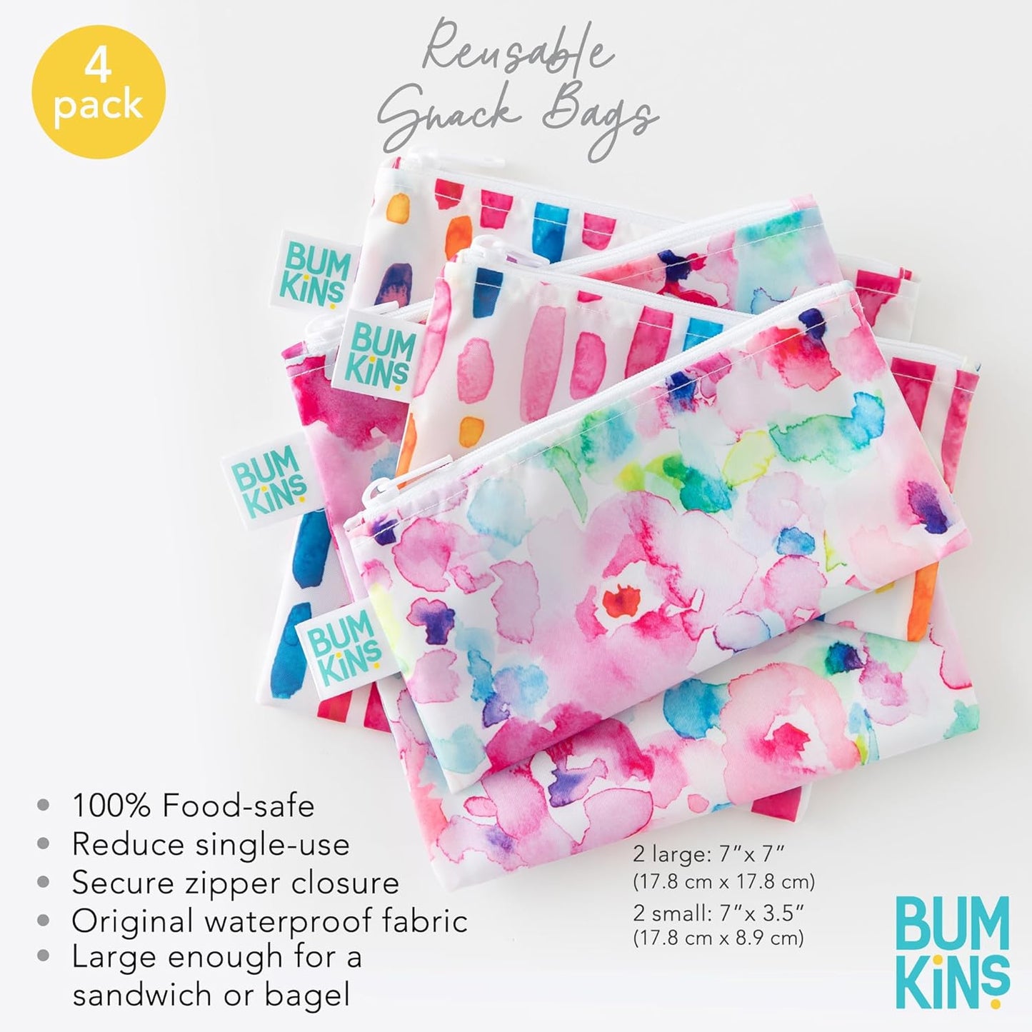 Bumkins - Cloth Snack & Sandwich Bags - For Storage, Travel, Food Prep, Lunch - Reusable, Water Resistant, Dishwasher Safe - Snack Bags for Kids - Zipper Closure - Watercolors & Brushstrokes - 4 Pack