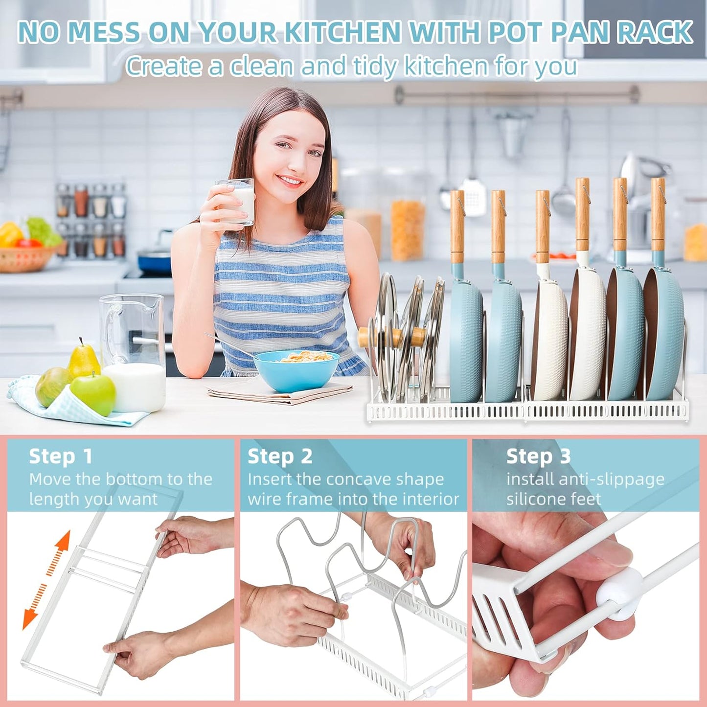 Expandable Pot & Pan Organizer - Cabinet Cookware Rack with 10 Adjustable Compartments & Pot Lid Holder