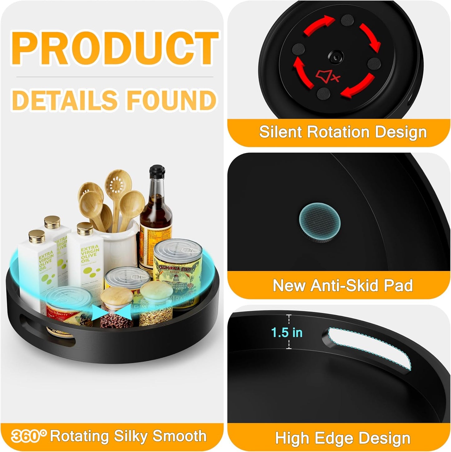 Lazy Susan Organizer Homerays 13 Inch Non-Skid Bamboo Lazy Susan for Kitchen Rotating Spice Rack with Handles, Wood Turntable for Kitchen Cabinet,Countertop (Black, Large)