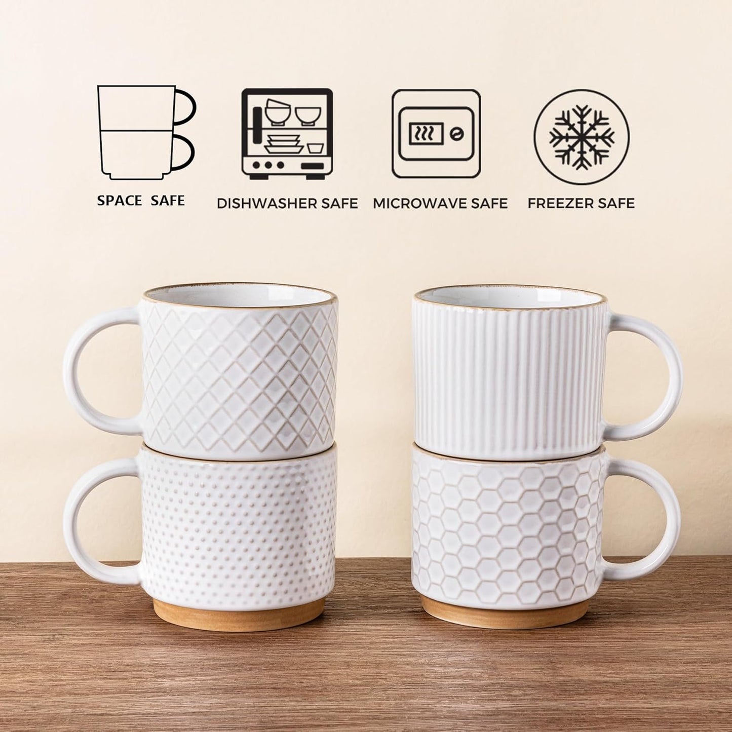 GBHOME 12OZ Stackable Coffee Mugs, Ceramic Coffee Mugs with Texture Patterns for Man,Woman,Dad,Mom, Modern Coffee Mugs Set of 4 for Latte/Cappuccino/Cocoa. Dishwasher&Microwave Safe, Off White