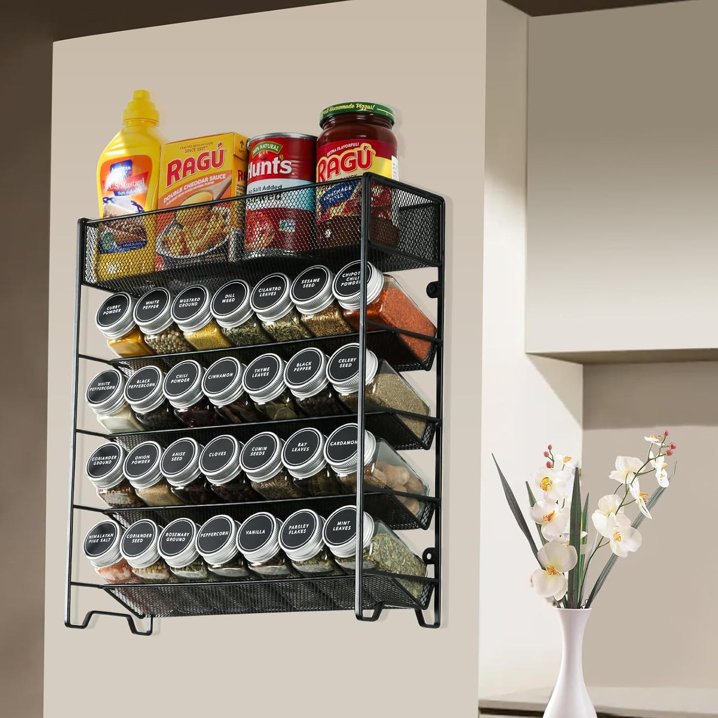 Spice Rack Organizer with 28 Empty Spice Jars,Spice Labels,Chalk pen and Funnel Complete Set,Space-Saving for Countertop, Cabinet or Wall Mount