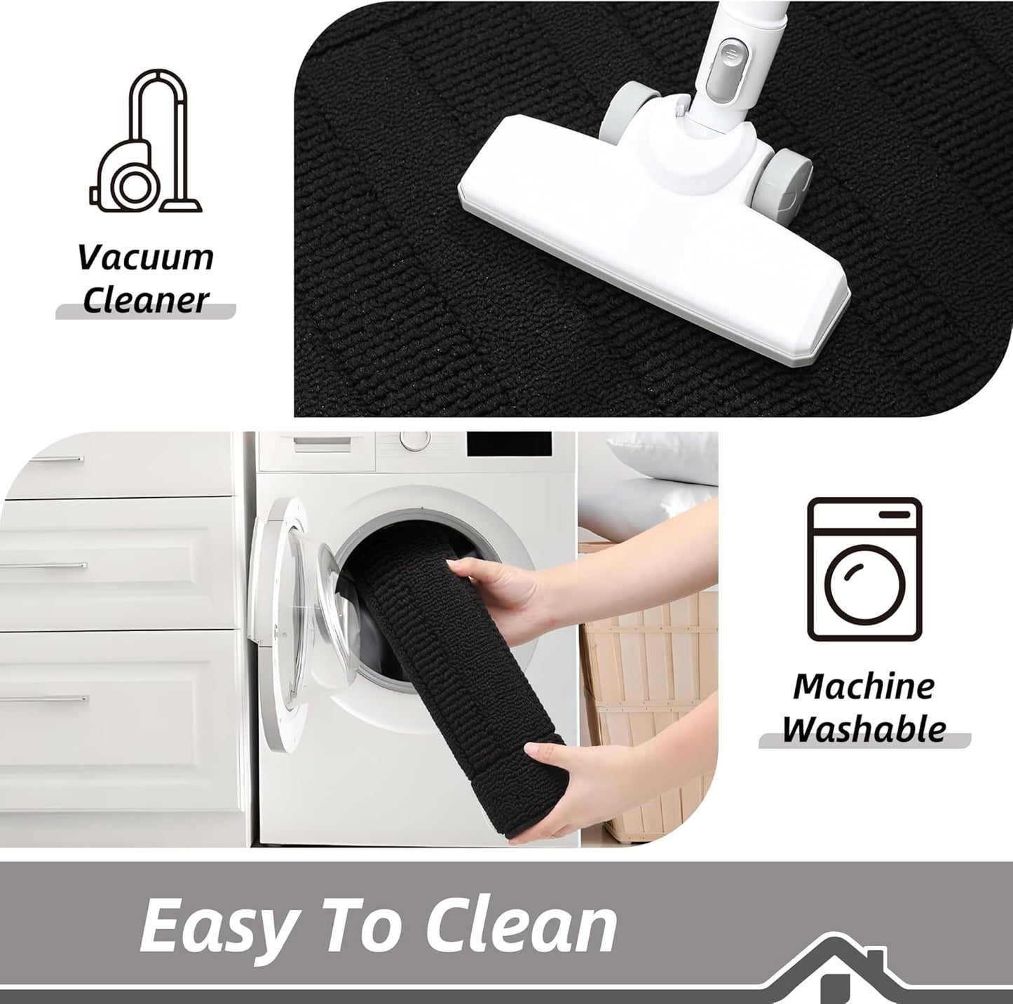 BEQHAUSE 30x18 Inch Kitchen Rug Mat Durable Kitchen Rugs Non-Slip Washable Absorbent Kitchen Mats for Floor Dirt-Resistant Semicircular Kitchen Mat (Black, 2PCS)