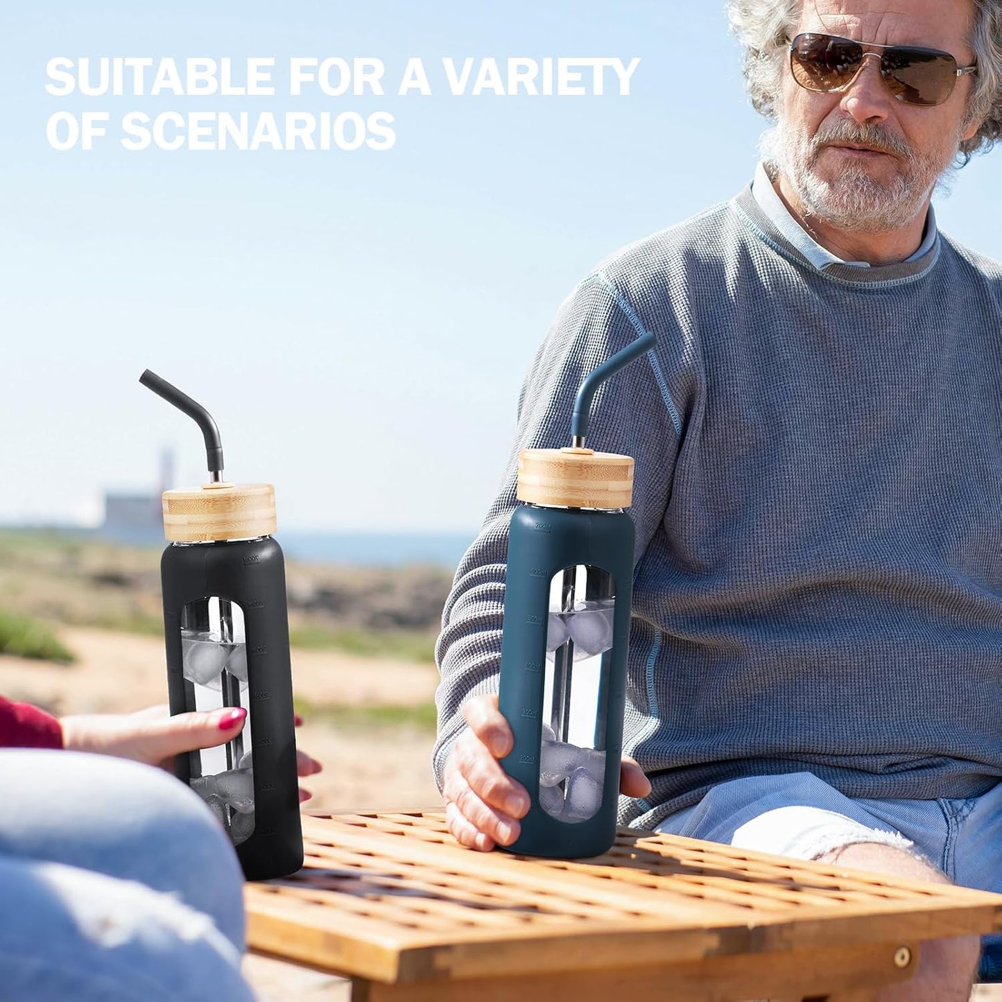 Glass Water Bottle with Straw, 24oz Glass Drinking Bottle with 2 Lids-Bamboo and Spout Lid with Phone Holder Handle for Gym Sports,with Silicone Sleeve and Time Marker,Dark Blue