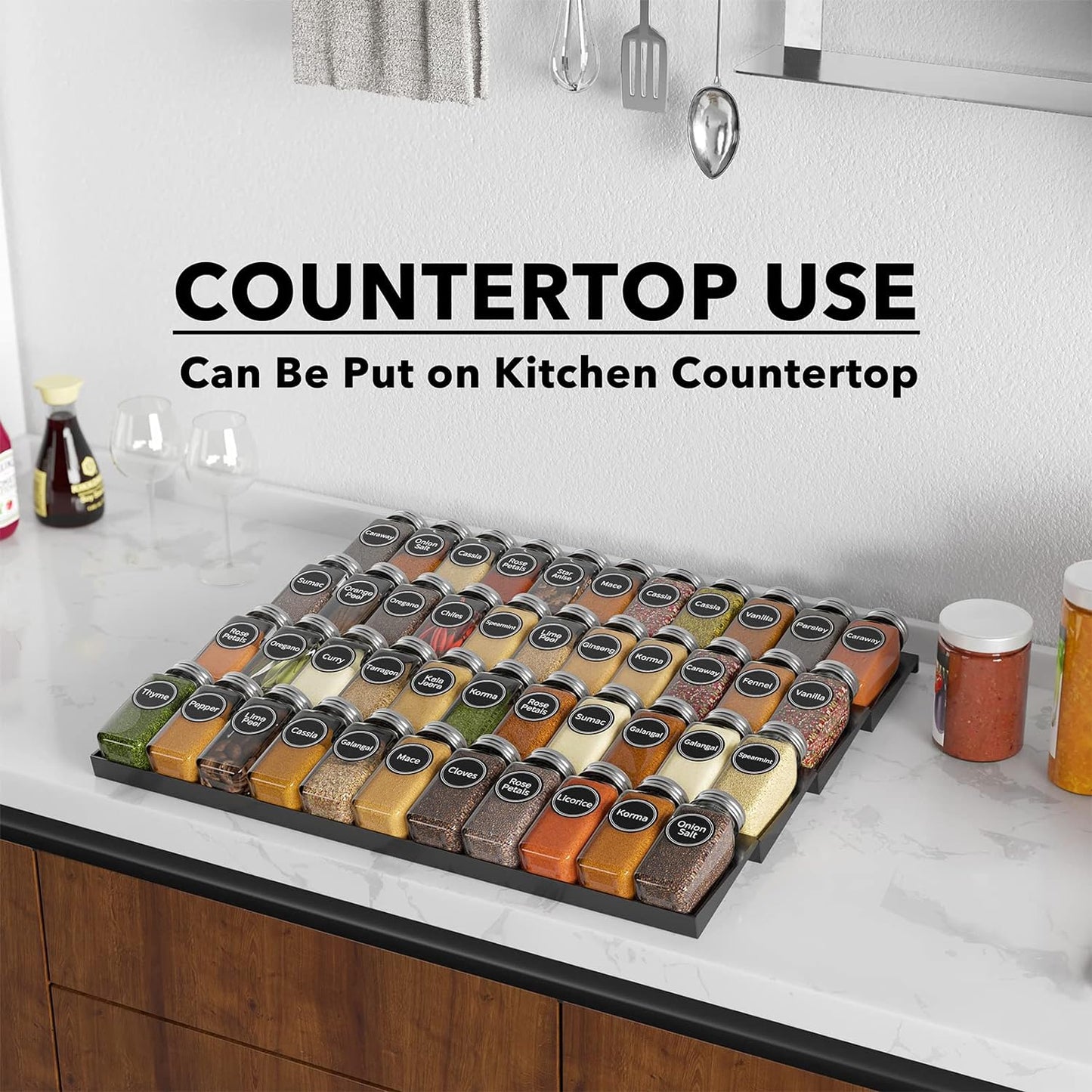 SpaceAid Spice Drawer Organizer with 44 Spice Jars, 386 Spice Labels, 4 Tier Seasoning Rack Tray Insert for Kitchen Drawers, 20.25" Wide x 17.5" Deep