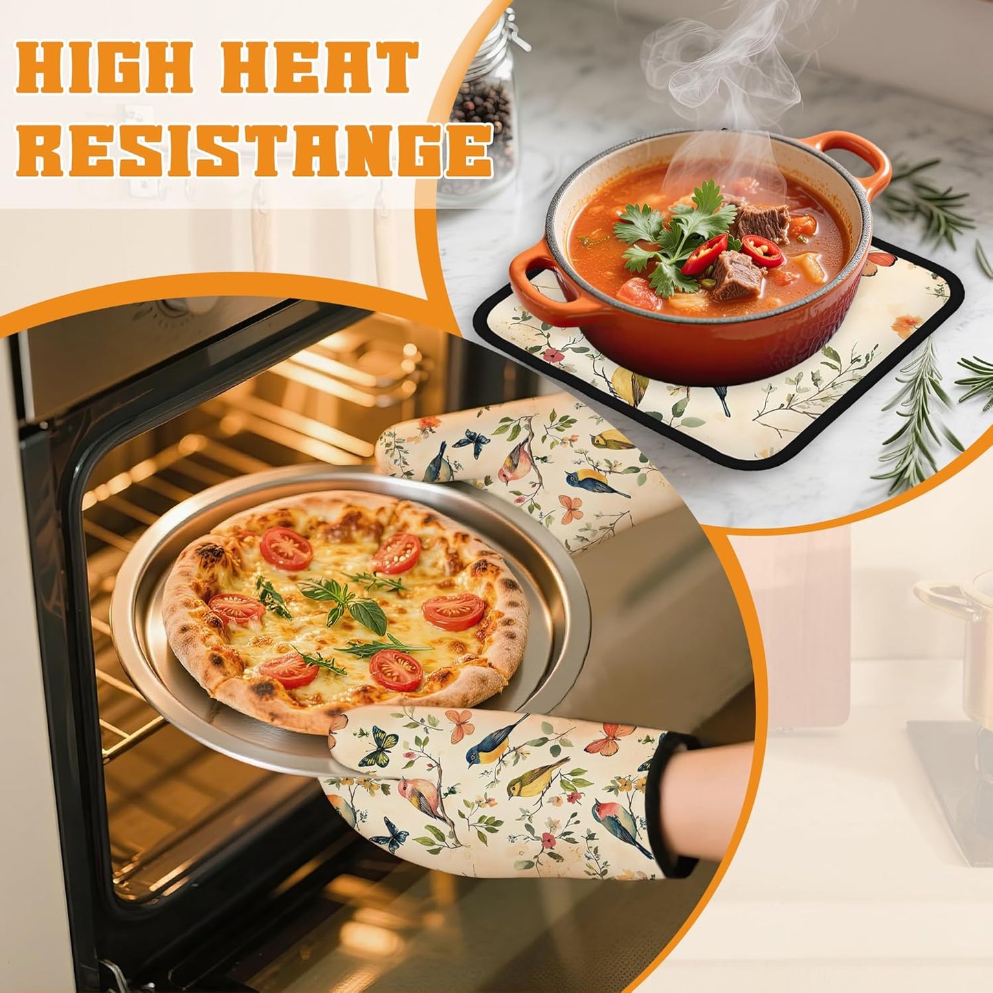 Vintage Butterfly Bird Oven Mitts and Pot Holders Set,Floral Flower Kitchen Oven Gloves and Pot Holder with Heat Resistant Non Slip for Cooking Baking Grilling(4 Piece Set)