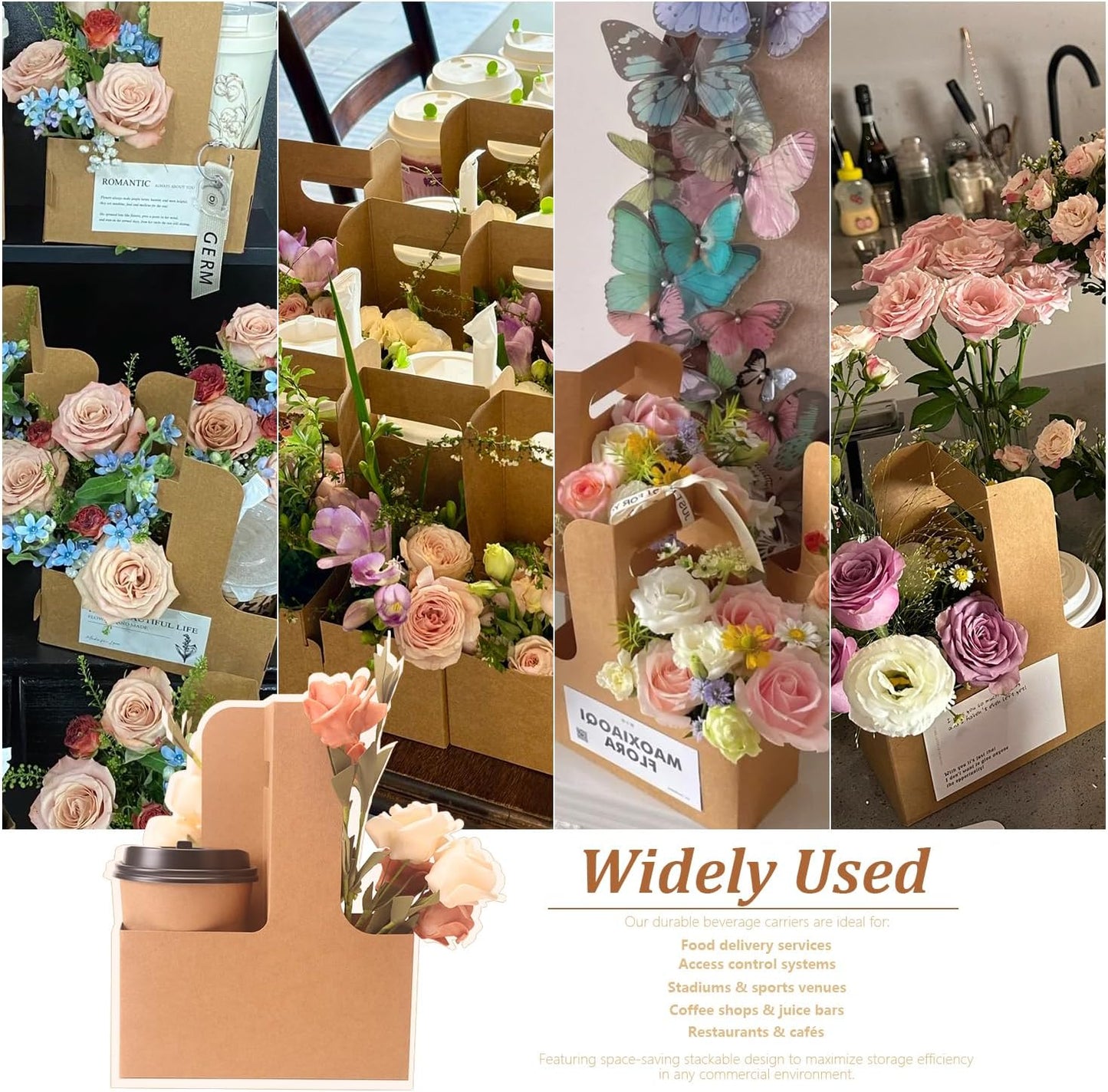 100 Pack 2-Cup/4-Cup Drink Carrier with Handle (12-30oz) | Disposable Paperboard Cup Holder | Foldable Beverage Tray for Hot/Cold Drinks, Coffee to Go, Delivery & Takeout