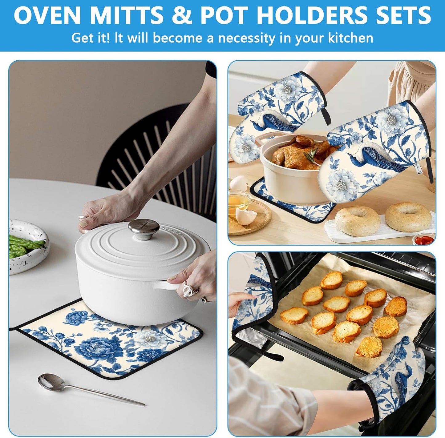 Blue Bird Blooming Flower Oven Mitts and Pot Holders Sets Heat Resistant 4Pcs Potholders Oven Gloves Hot Pads for Kitchen Baking Cooking Grilling BBQ