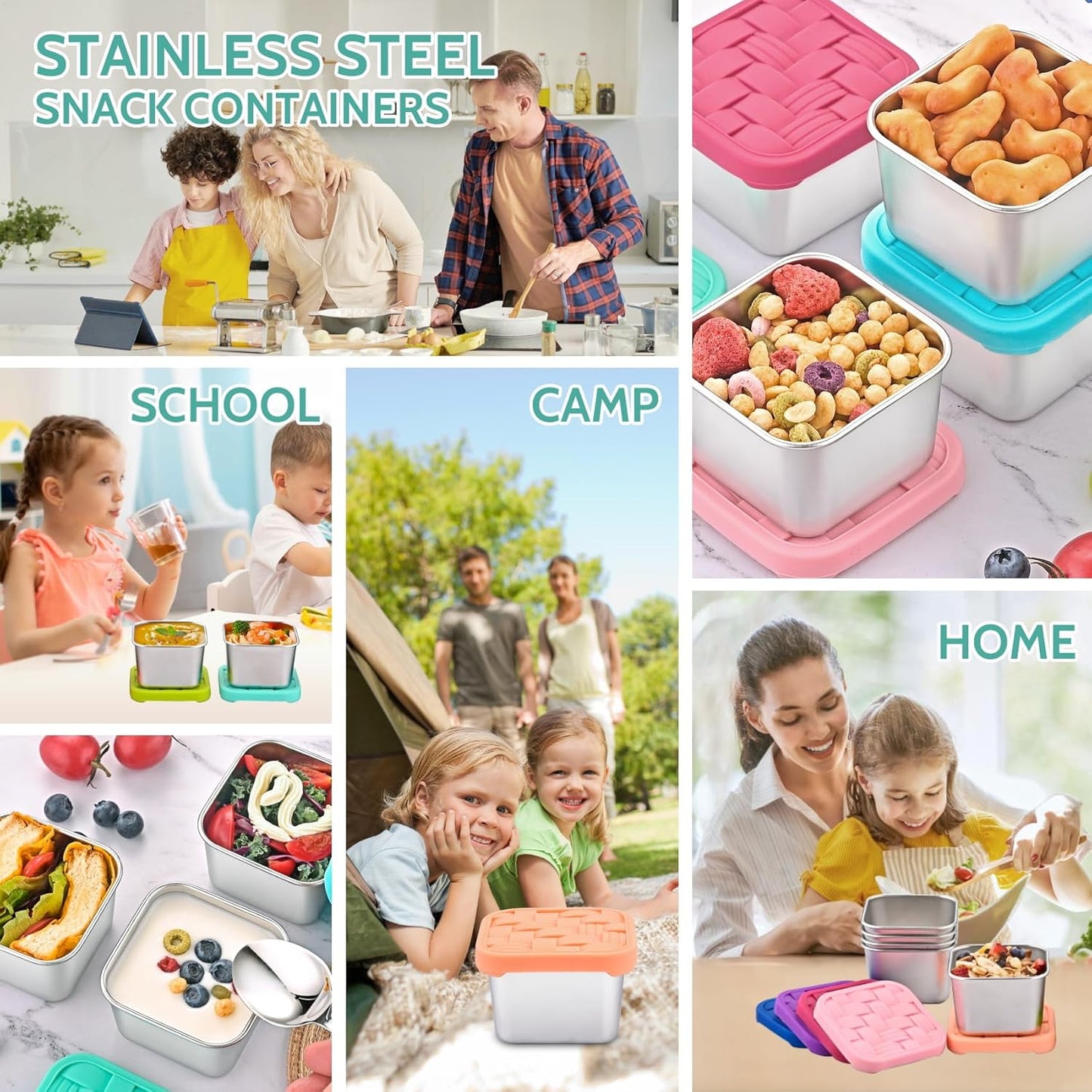 8PC 6oz Stainless Steel Snack Containers with lids, BPA-Free Metal Kids Snack Cups with Fork and Spoon, Leakproof Lunch Box Containers,Resuable Baby Food Storage Bowl