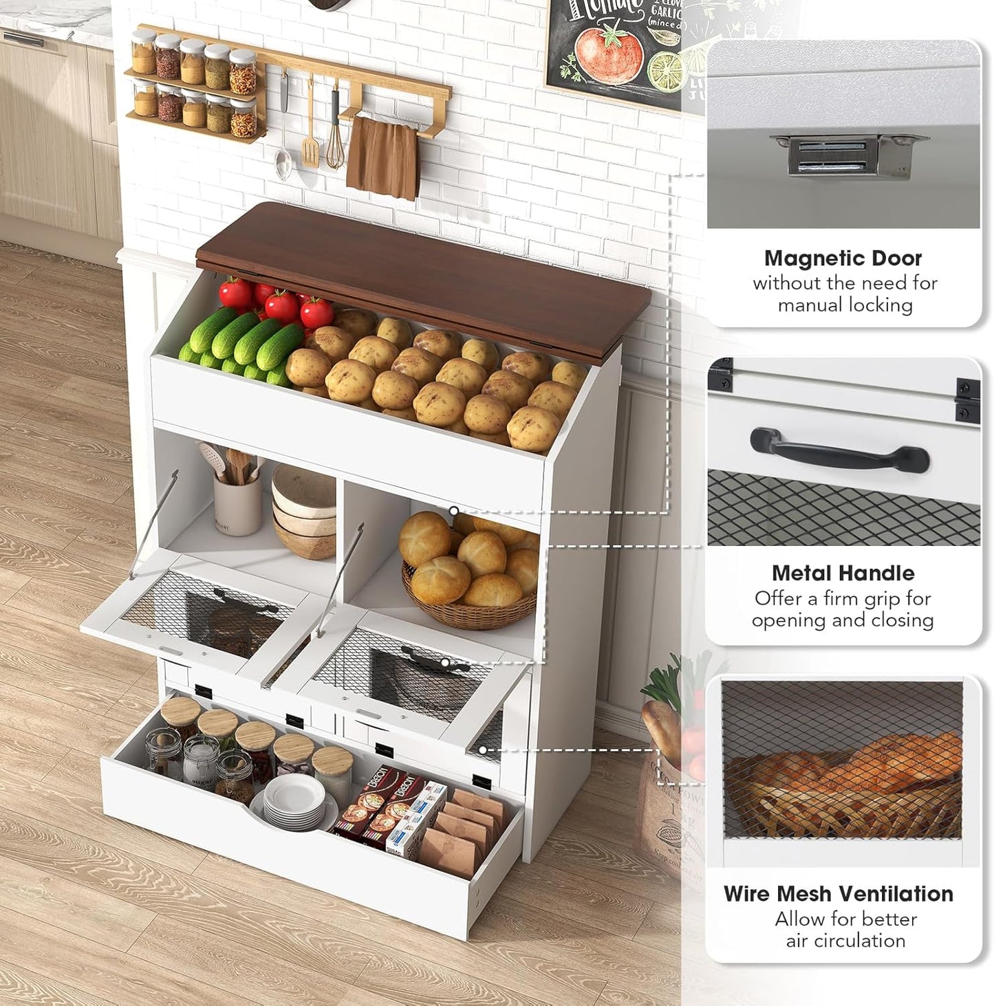 Patiorama Wood Potato and Onion Storage Bin Box, Large Vegetable Storage Box w/Lid,Wooden Bread Storage Bin w/4 Mesh Doors,Movable Bottom Drawer, Farmhouse Potato Storage Bins for Kitchen Pantry White