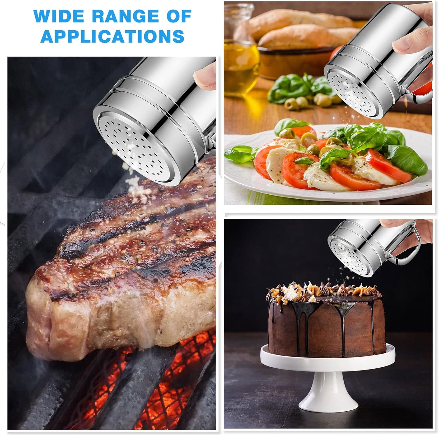 Lallisa 6 Pcs 10oz Stainless Steel Salt and Pepper Shakers with Lid and Handle Dredge Spice Seasoning Condiment Popcorn Salt Shaker Powder Sugar Flour for Cooking Kitchen Baking