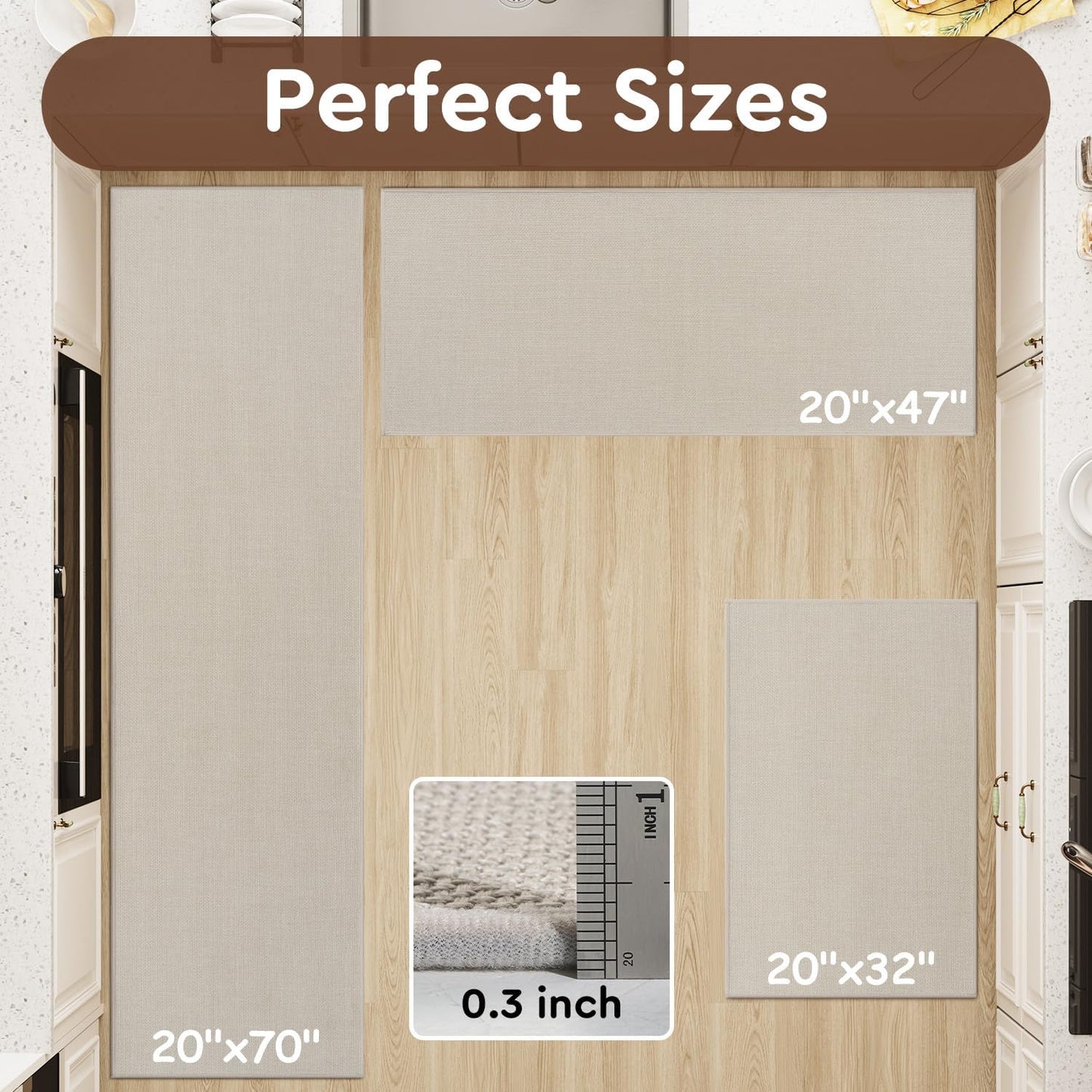 tchdio Kitchen Mats for Floor, Rubber Backed Kitchen Rugs Non Slip Washable, Superior Absorbent Kitchen Runner Rug Easy to Clean, Comfort Kitchen Floor Mat Front of Sink (Light Beige, 20" × 47")